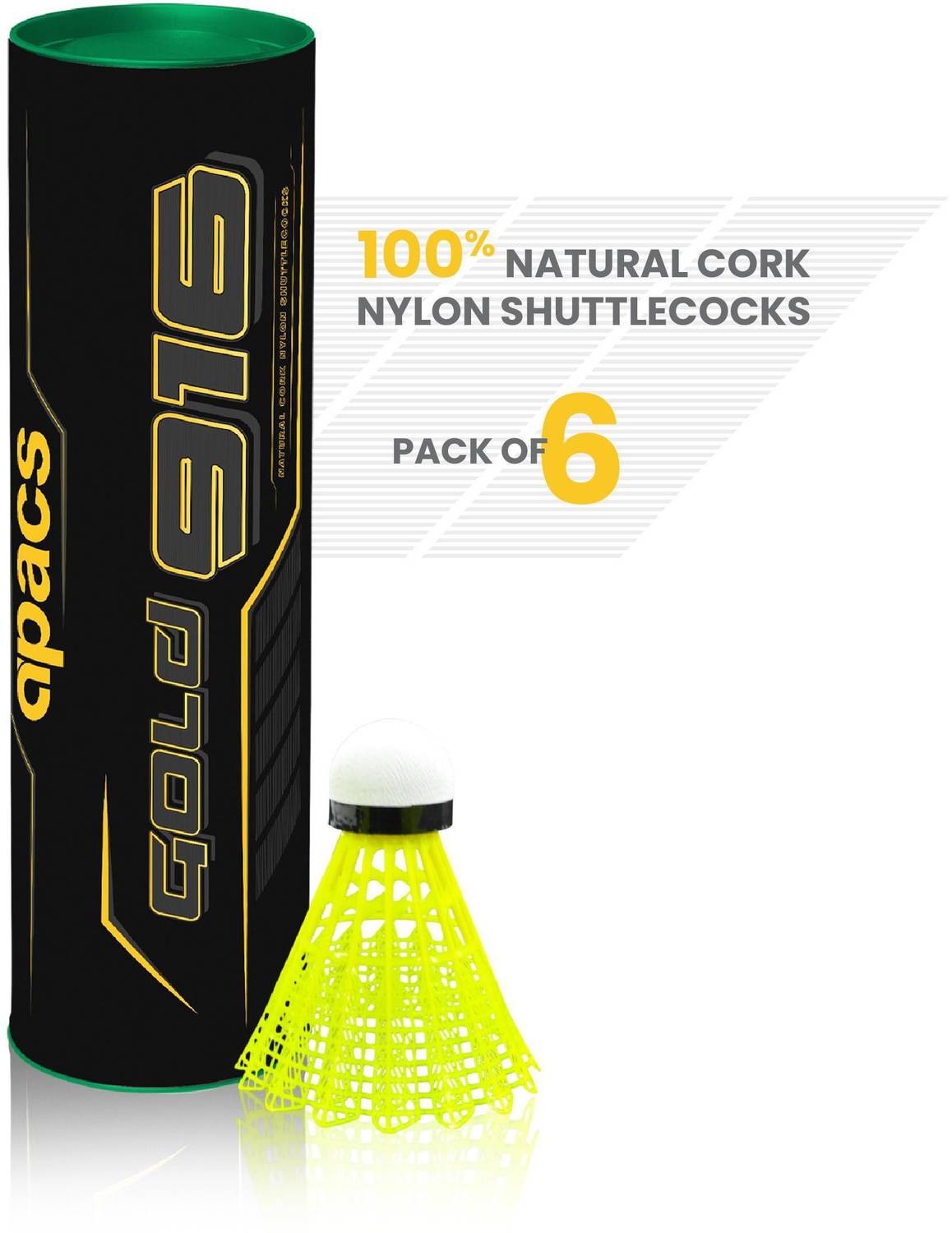 apacs Gold 916 Nylon Shuttlecock (6 in 1) (Natural Cork) Nylon Shuttle - Yellow