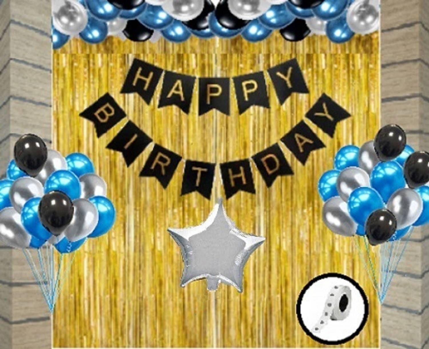 Agk Printed Amar Happy Birthday Printed Black Banner 13 Letter Combo of 47 Pcs| 2 Pcs Gold Fringe Shiny Curtains | 30 Pcs Metallic Blue, Silver and Black Balloons |1 Pcs Silver Star | 1 Pcs Strong Glue Dots Roll (Combo Of 47 Pcs Birthday Decoration Kit) Balloon