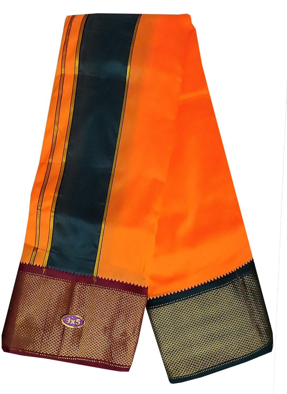 Image of Prakasam Cotton Art Silk Men's fluorescent Orange Panchakacham (9x5) dhoti and towel set Solid Men Dhoti