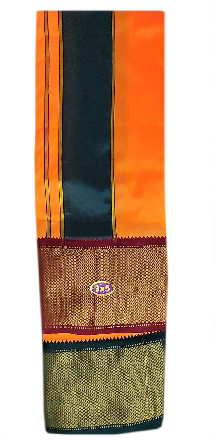 Image of Prakasam Cotton Art Silk Men's fluorescent Orange Panchakacham (9x5) dhoti and towel set Solid Men Dhoti