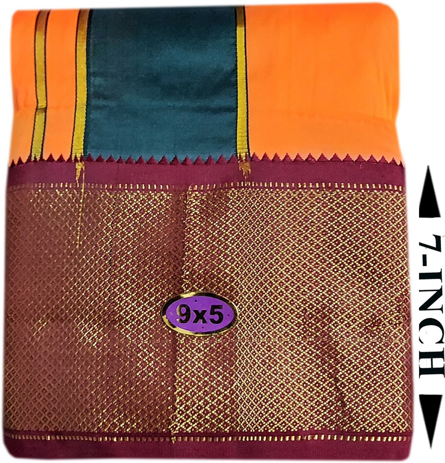 Image of Prakasam Cotton Art Silk Men's fluorescent Orange Panchakacham (9x5) dhoti and towel set Solid Men Dhoti