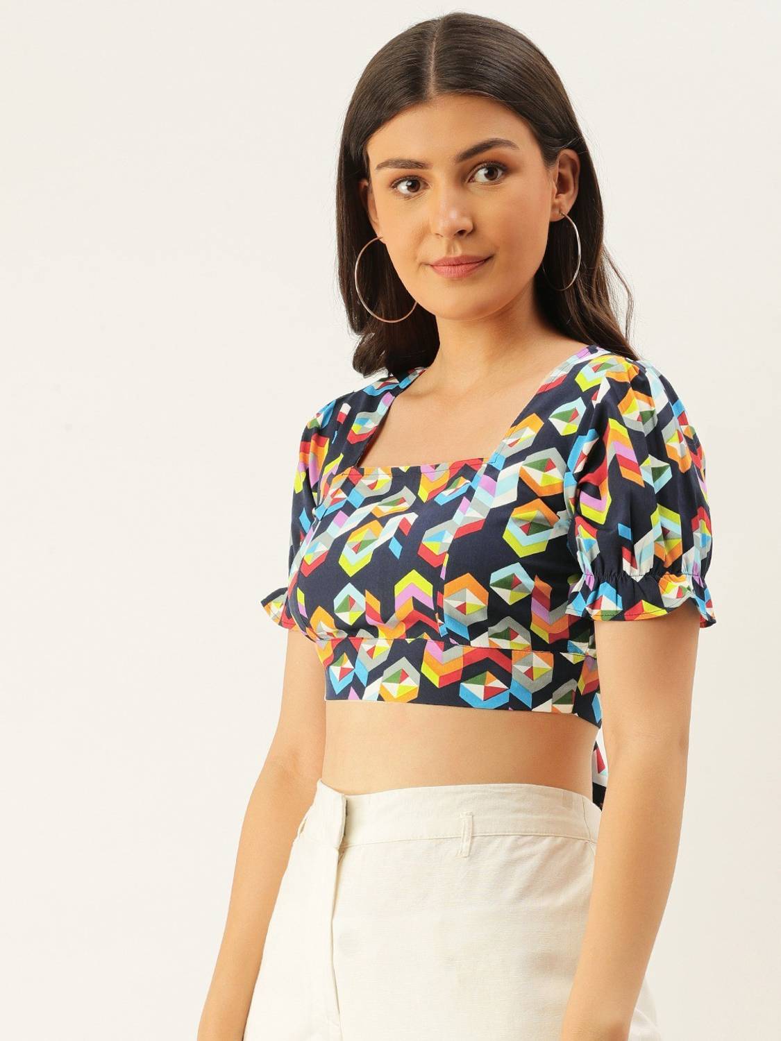 Berrylush Casual Half Sleeve Printed, Geometric Print Women Multicolor Top
