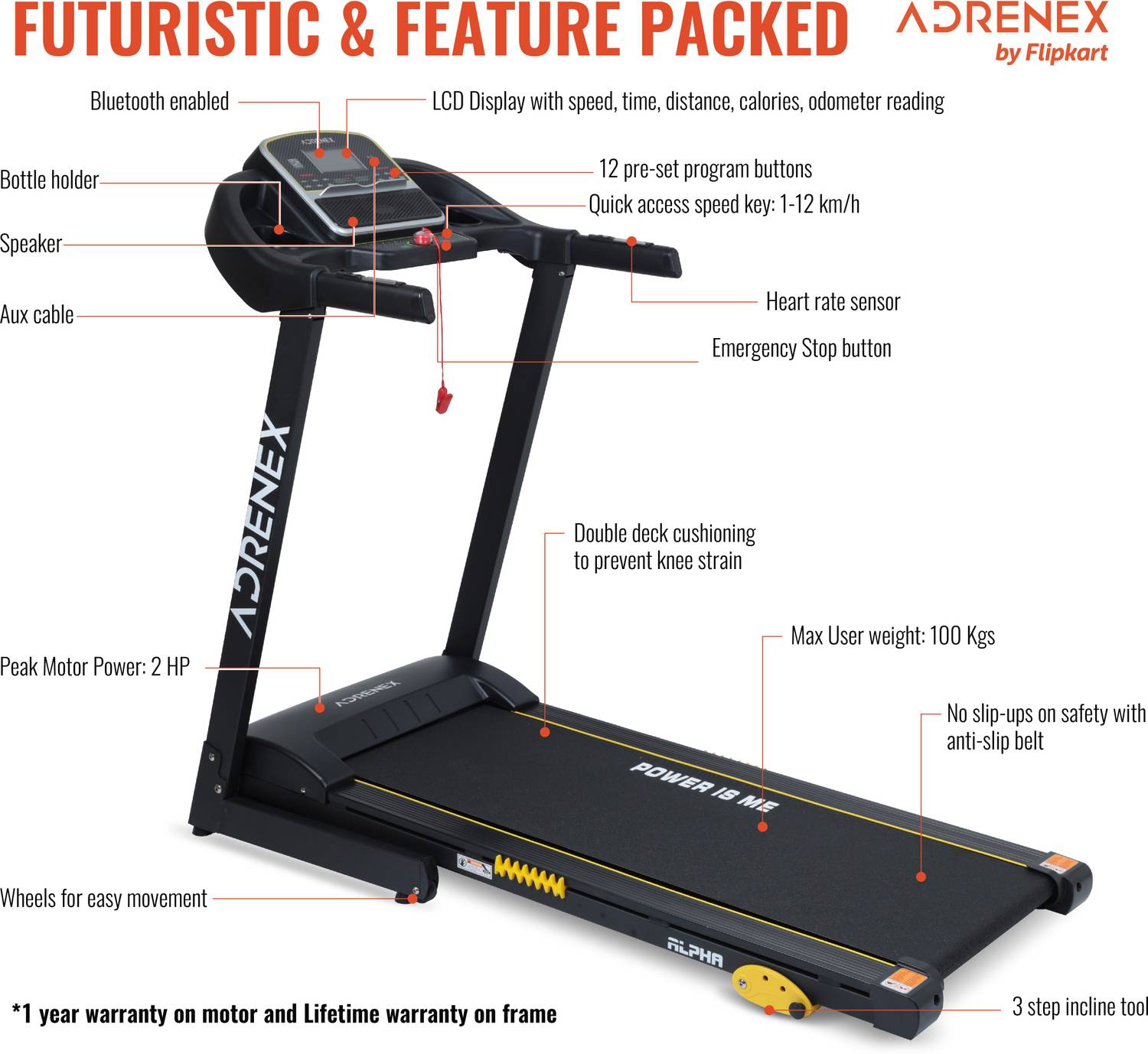 Adrenex by Flipkart Alpha Pro 2HP Manual Incline Motorized with 12