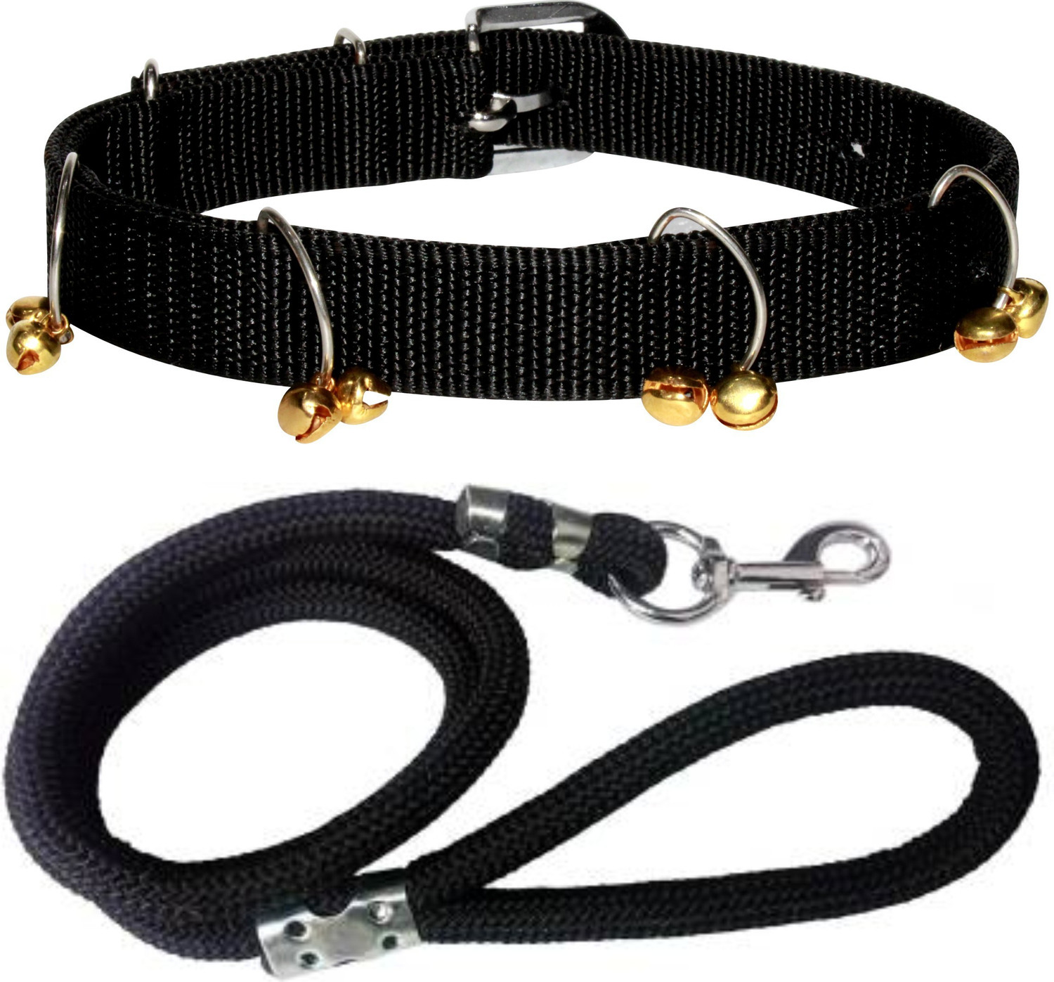 Image of BODY BUILDING Dog Belt Combo of Black Ghungroo Collar with Black Lead Specially for medium breed Dog Collar & Leash
