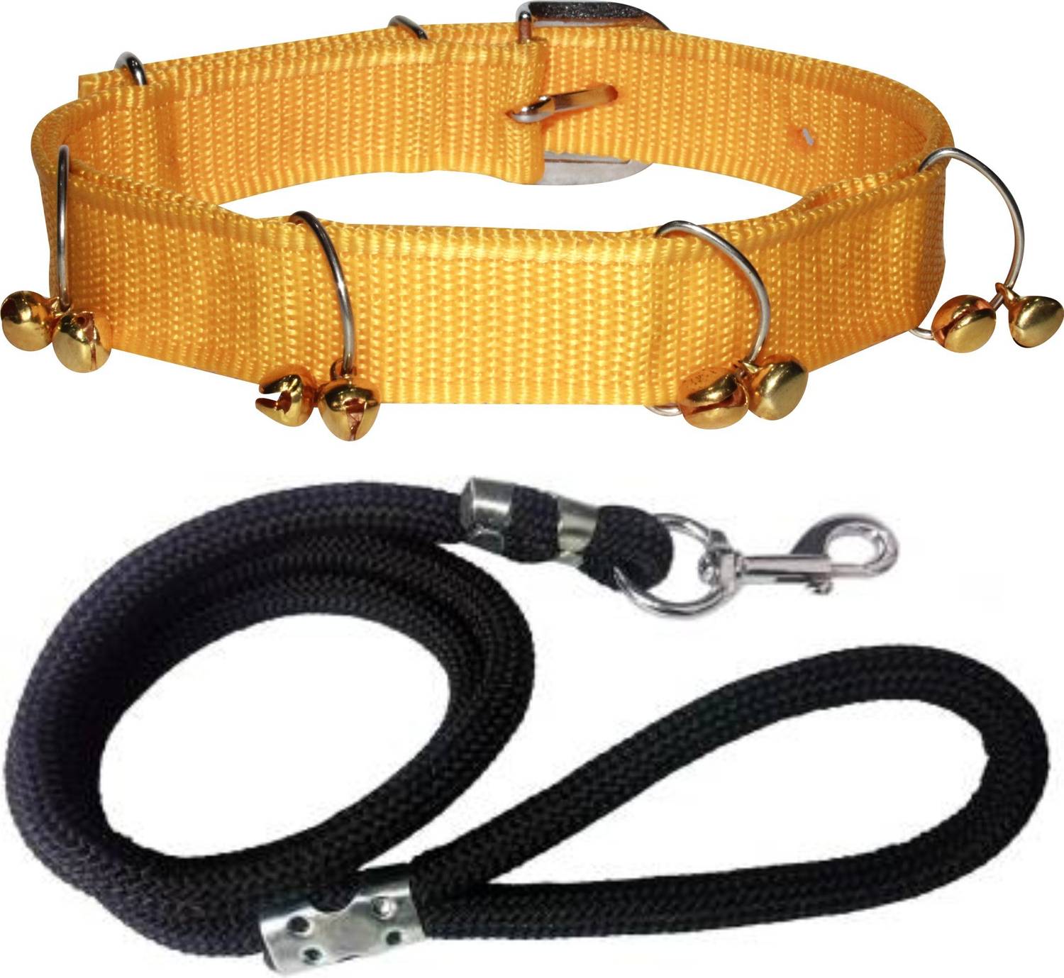 BODY BUILDING Good Quality Dog Belt Combo of Yellow Ghungroo Collar with Black Lead 1.5m Lengthy Dog Collar & Leash