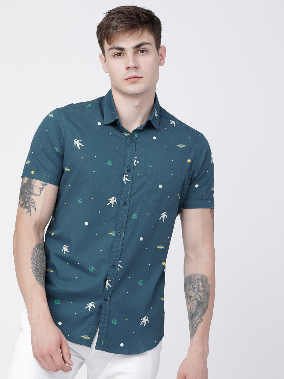 Image of LOCOMOTIVE Men Printed Casual Green Shirt
