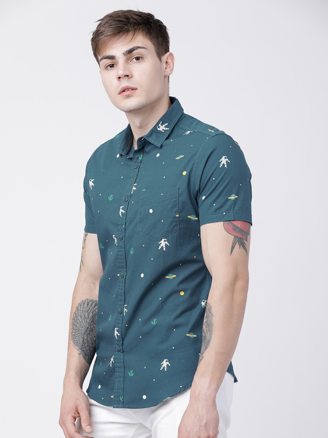 Image of LOCOMOTIVE Men Printed Casual Green Shirt