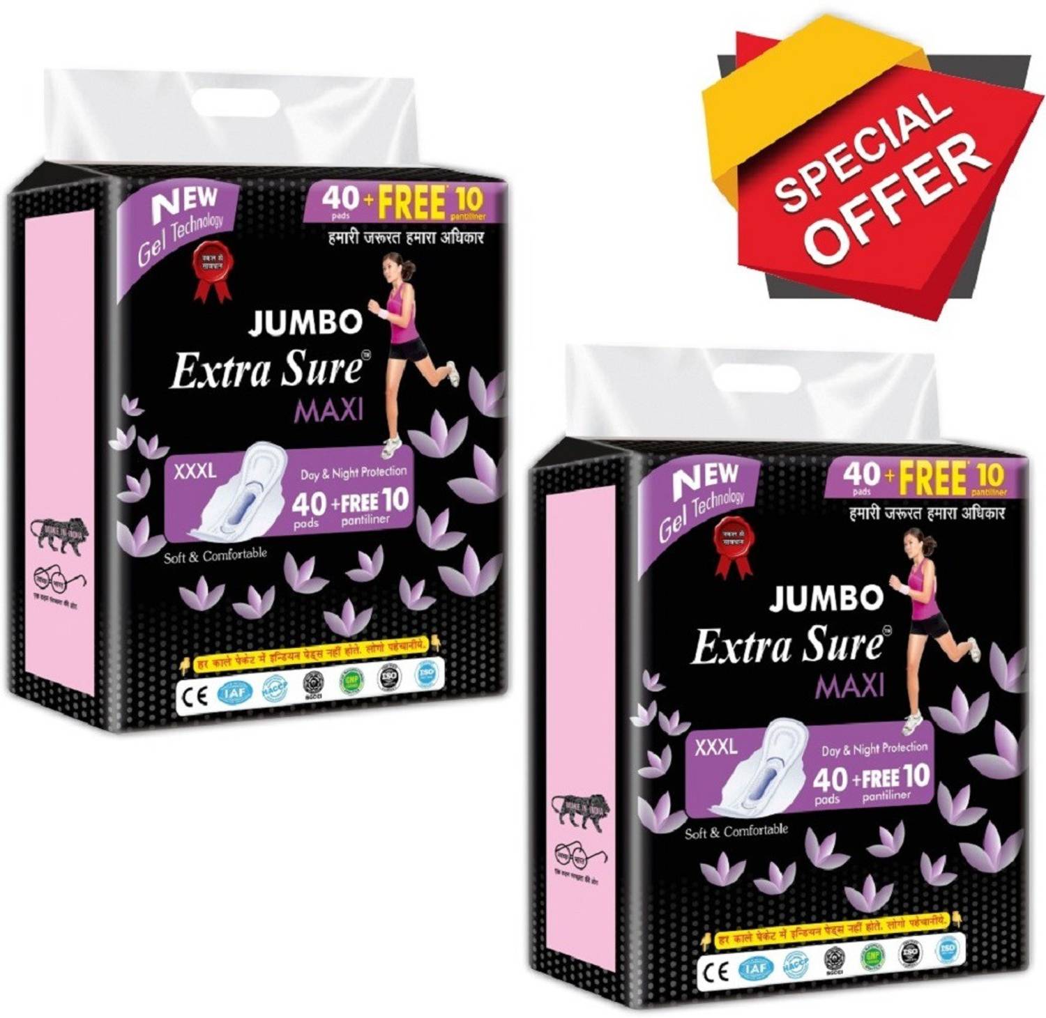 Jumbo Extra Sure Sanitary Pads for Women with Wings | Dry-net Soft & Comfortable Sanitary Napkins for Day & Night Protection - XXXL (combo pack of 2) (80 pads + 20 Pantyliner)) Sanitary Pad (Pack of 100) Sanitary Pad