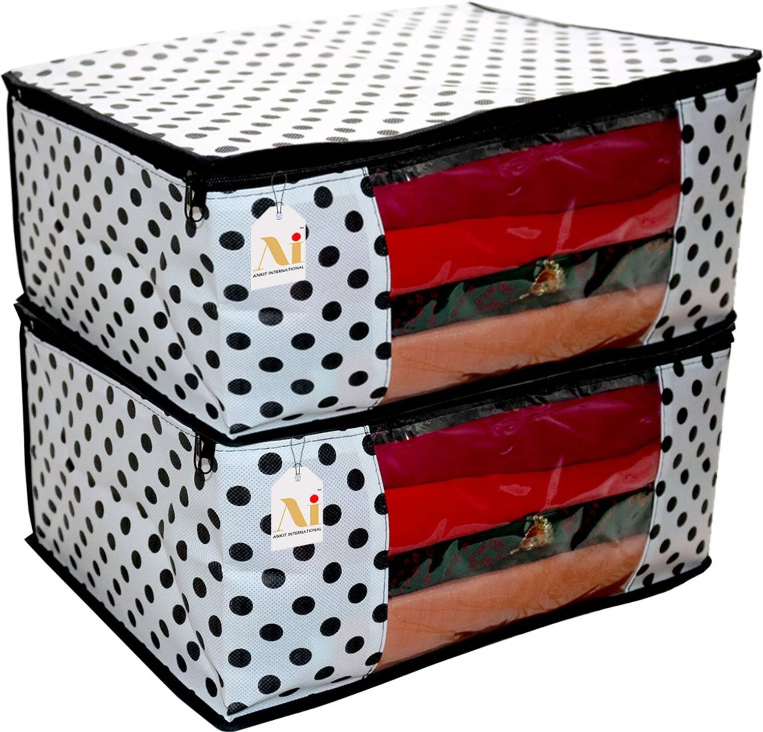 AARON INC Black Polka Dot_02 Polka Dot Design 2 Piece Non Woven Fabric Saree Cover Set &Transparent Window Black Polka Dot_02