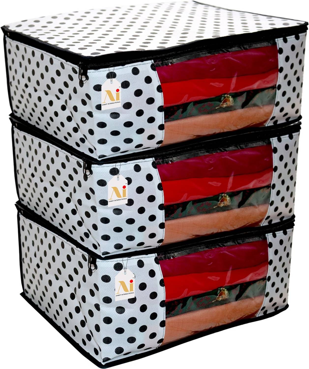 AARON INC AI_Black Polka_03 Polka Dot Design 3 Piece Non Woven Fabric Saree Cover Set - Transparent Window AI_Black Polka_03