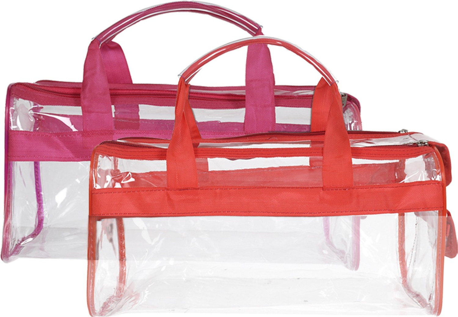Image of KUBER INDUSTRIES Small Size 2 Crystal Clear Plastic Cosmetic Bags Travel PVC Vinyl Toiletry Bag, Zipper Large Transparent Waterproof Make-Up Case Organizer Bag (Pink & Red) Travel Toiletry Kit
