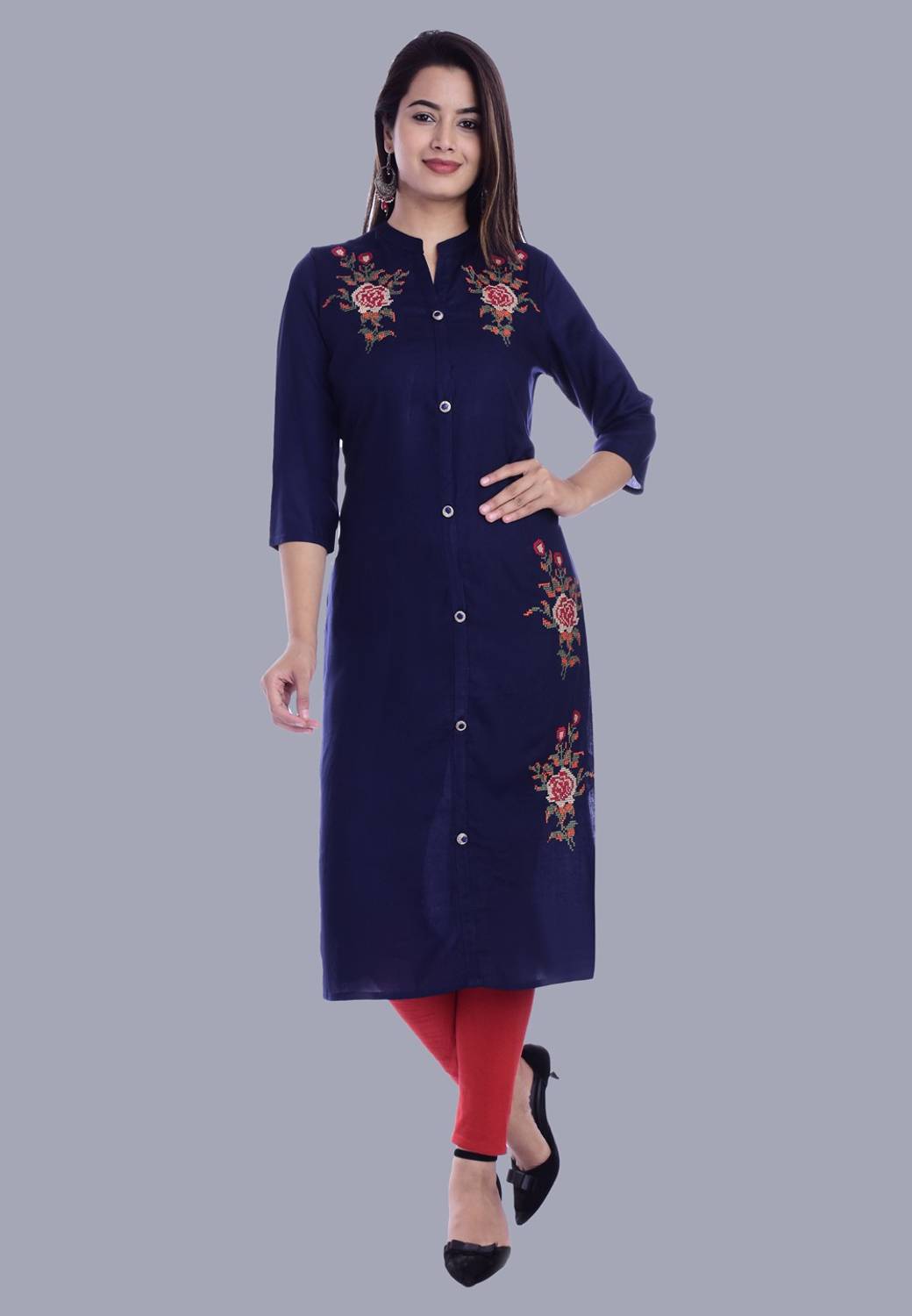MHS Women Embroidered Viscose Rayon Straight Kurta (Dark Blue)