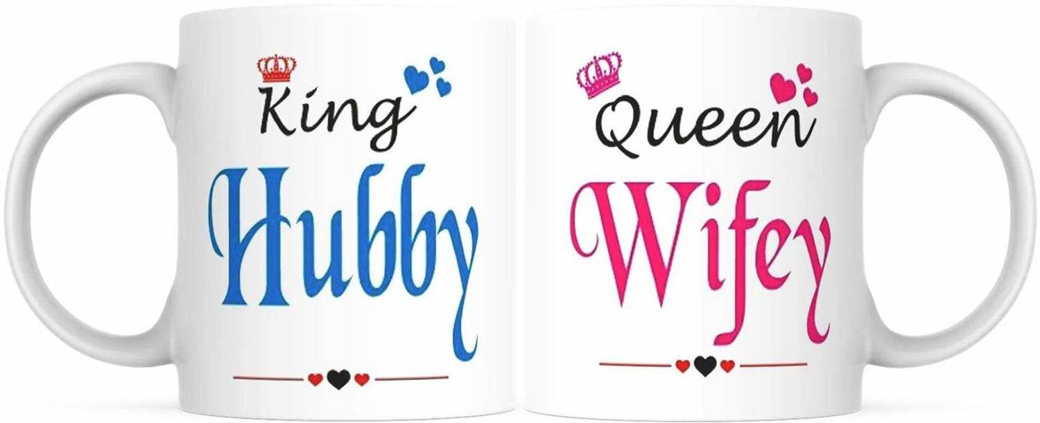 AMAR CREATION Queen Wifey King Hubby Printed Tea & Coffee 350ml Ceramic for Couple's Ceramic Coffee Mug