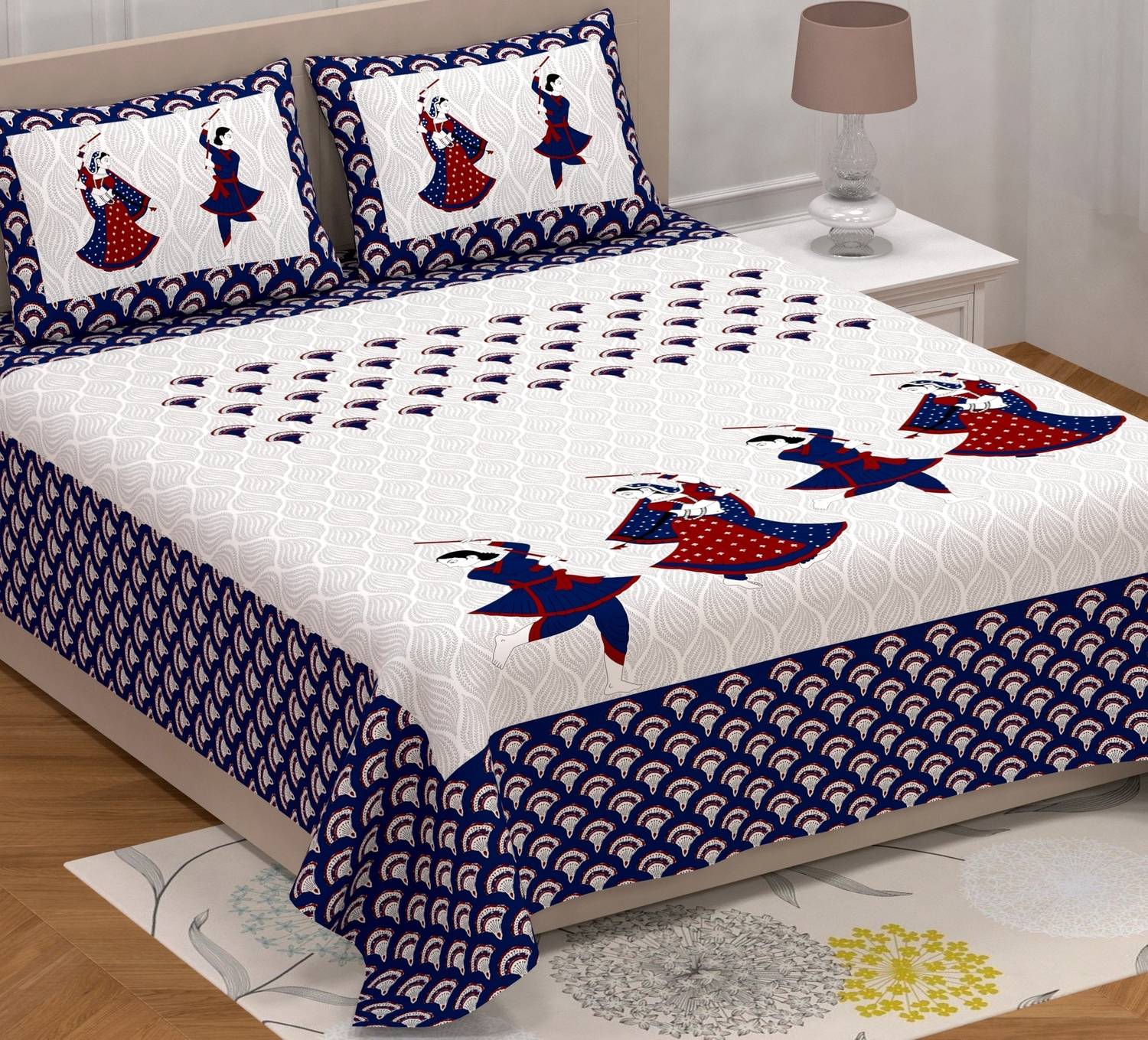 AC FASHION Cotton Double Flat 140 TC Jaipuri Prints 1 Bedsheet with 2 Pillow Covers