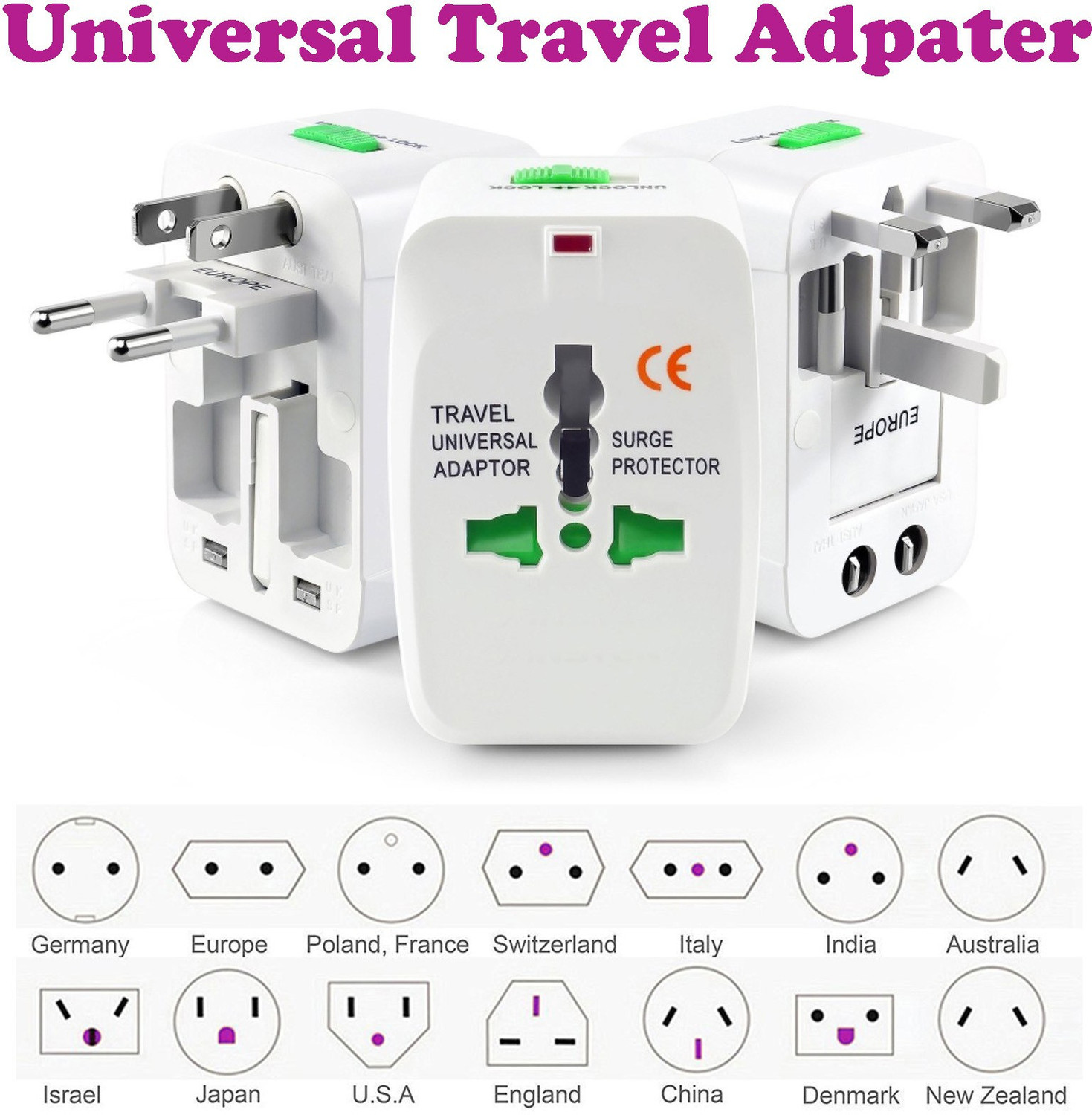 Image of Home Trade Universal Travel Adapter With Built In Dual USB Charger Ports With 100-240V Surge /Spike Protected Electrical Plug Worldwide Adaptor