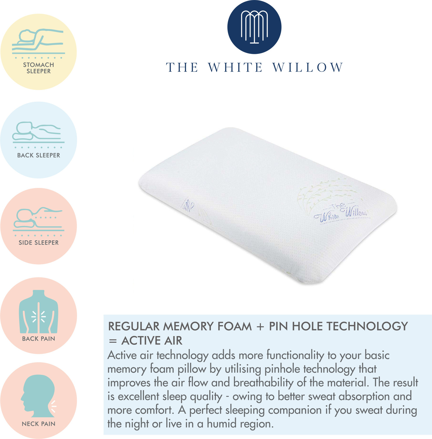 Image of The White Willow Memory Foam, Air Sleeping Pillow Pack of 1 Motifs Soft Orthopaedic Active