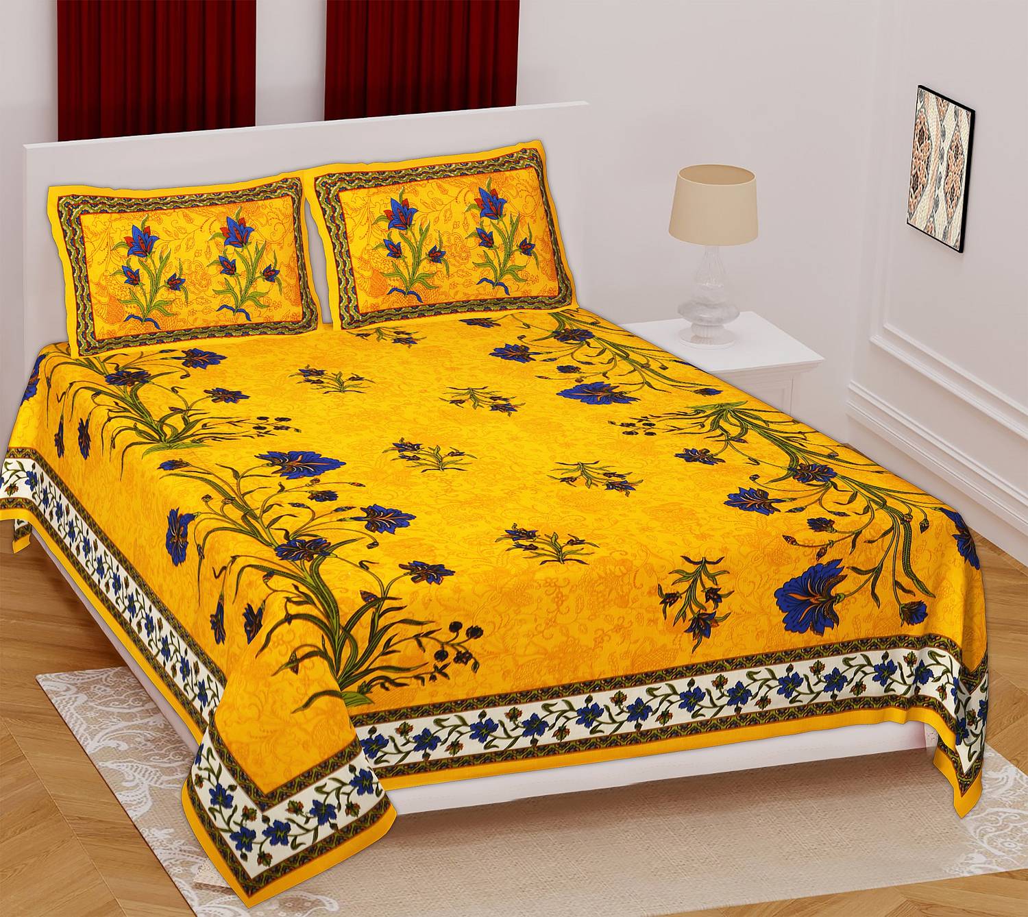 Almighty Creations Cotton Double Flat 144 TC Printed 1 Bedsheet with 2 Pillow Covers