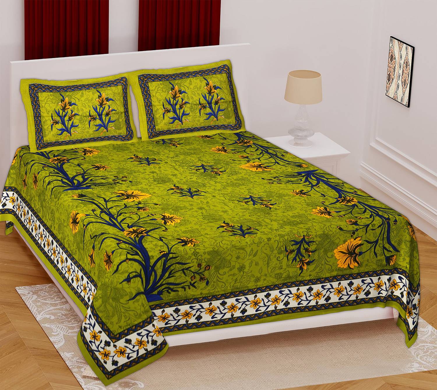 Almighty Creations Cotton Double Flat 144 TC Printed 1 Bedsheet with 2 Pillow Covers