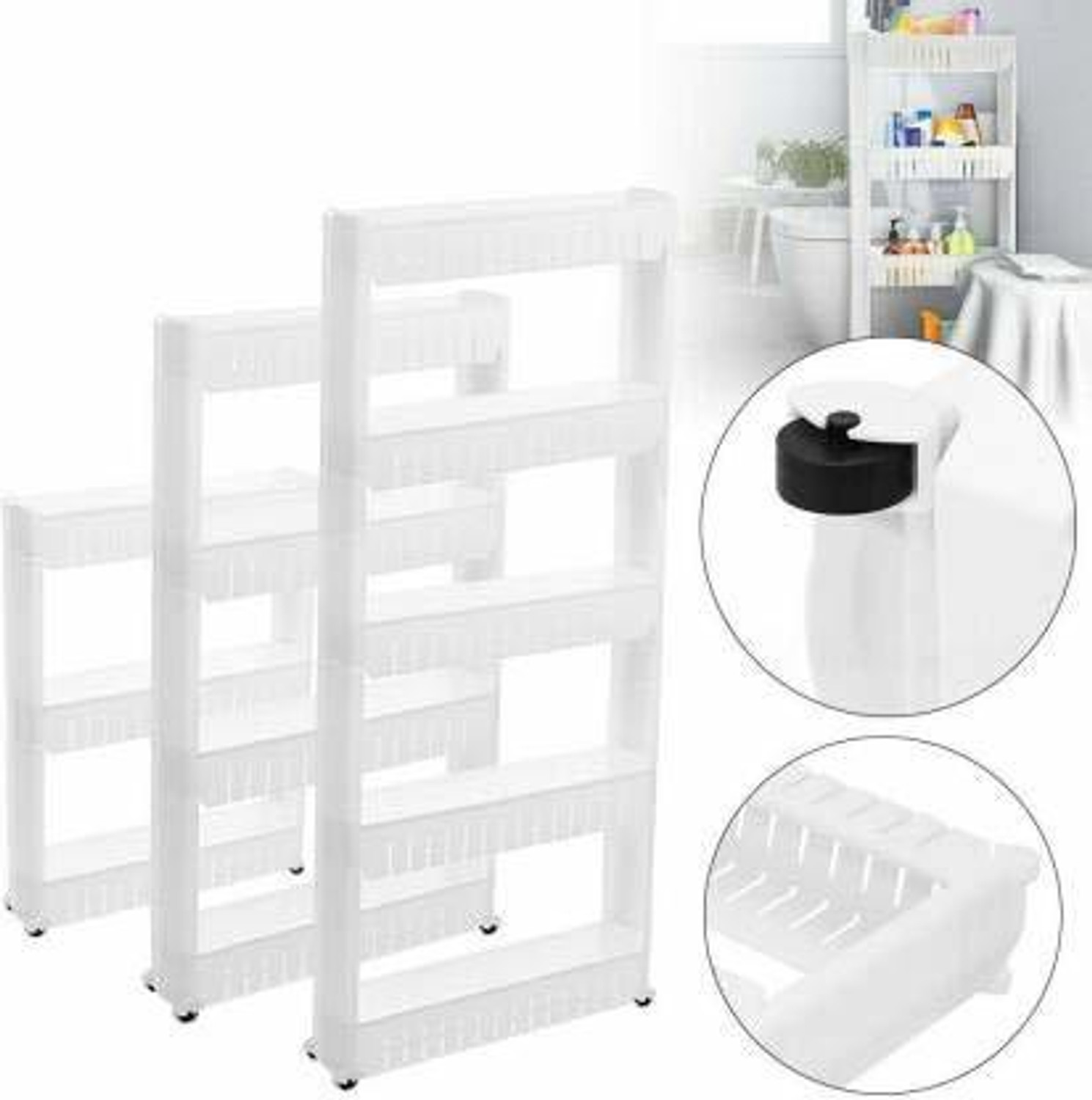 Image of QUISTAL 5 Layer Storage Organizer Multipurpose Slim Rack | White 5 Tier Utility Shelf with Wheels for Kitchen, Bedroom, Bathroom Plastic Kitchen Trolley
