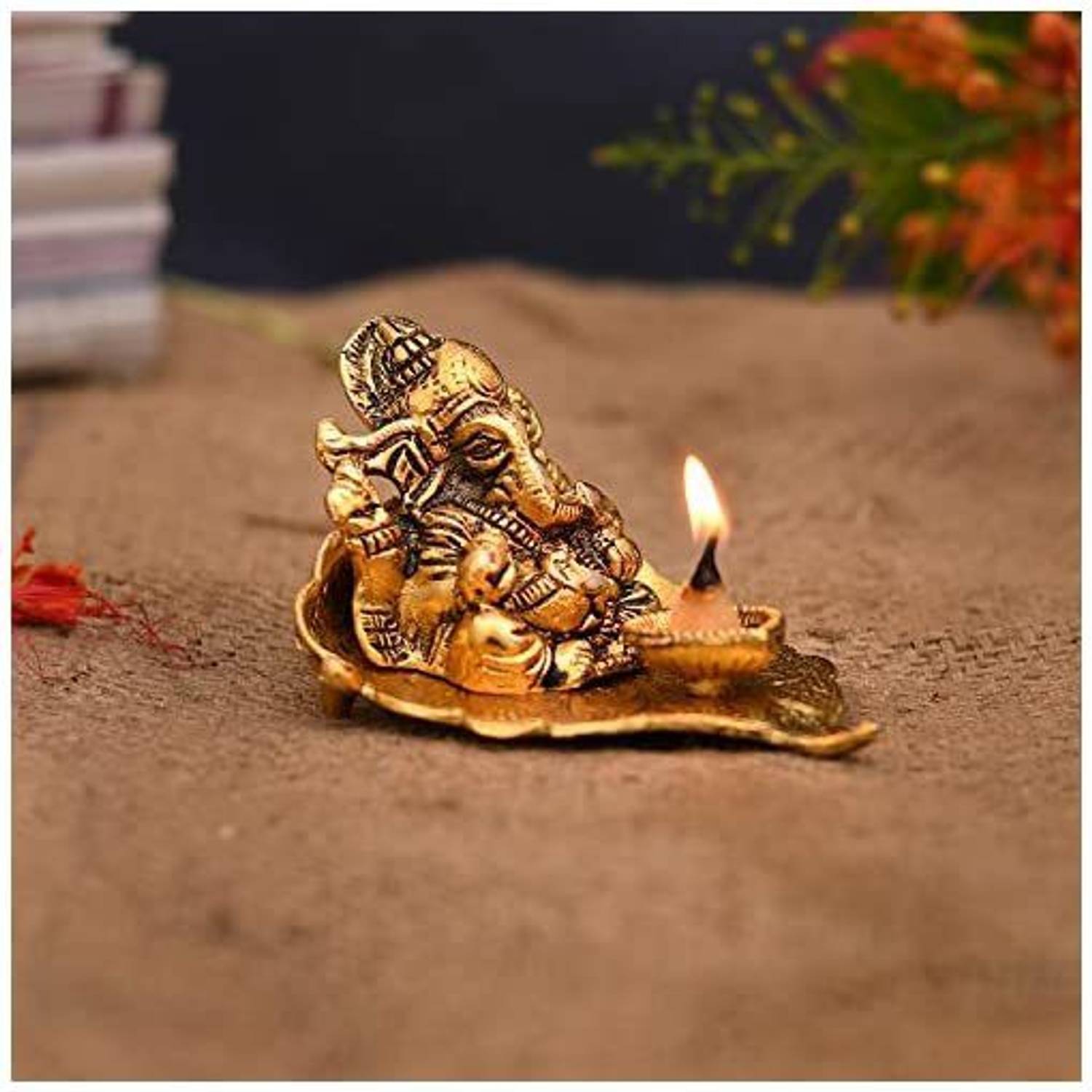 Sawcart Lord Ganesha On Leaf with Diya Made of Metal – Ganesh Ganpati Oil Lamp Idol Statue Traditional Figurine for Home Office Temple Puja Decoration Diwali Housewarming Gift Decorative Showpiece  -  7.62 cm