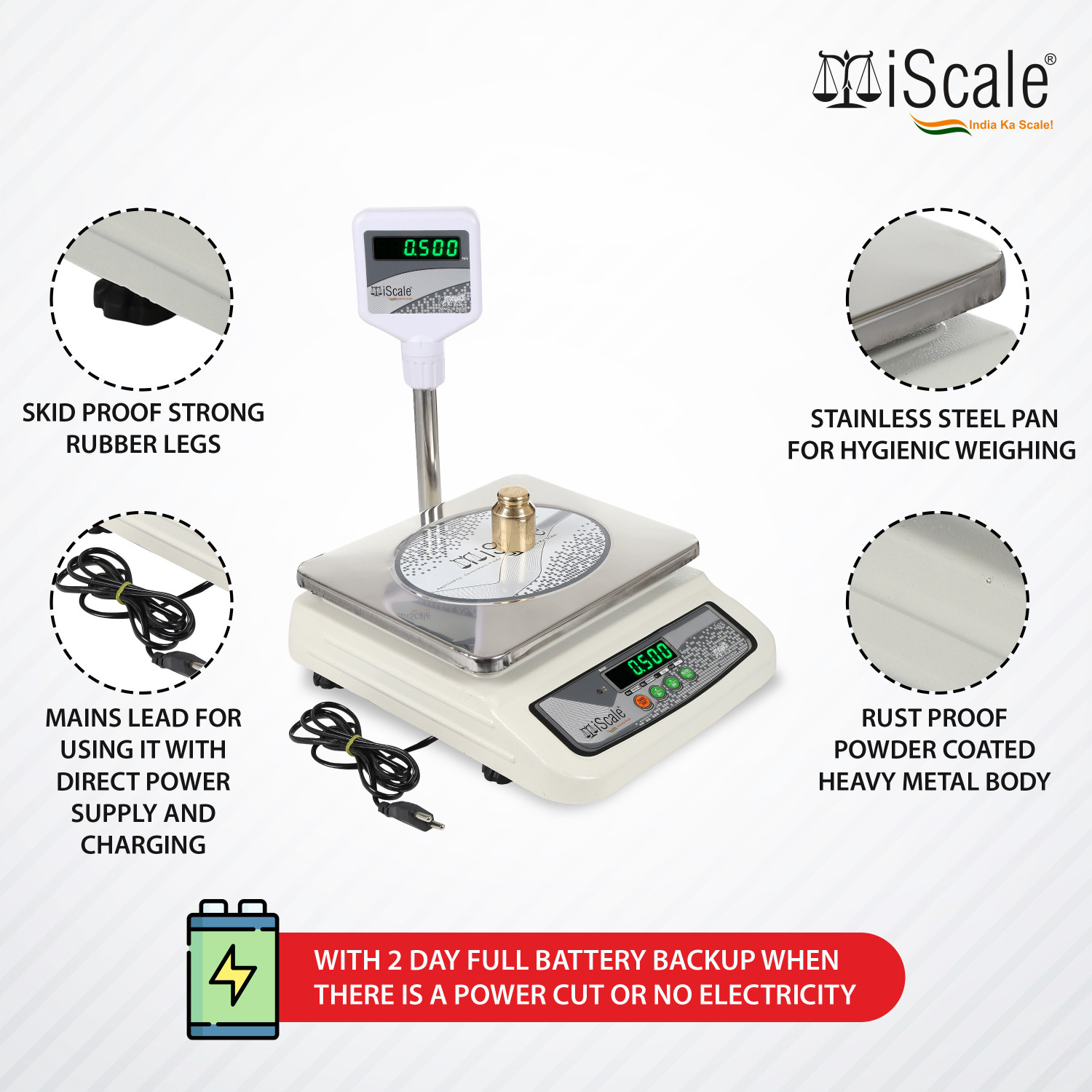 Image of iScale i-05 Weighting Capacity 30kg x 1g Accuracy, Premium Electronic Chargeable Weighing Scale with Pole Green Display, Stainless Steel Pan, 10x12 inch for Kirana Shop and all other stores and Industries Weighing Scale