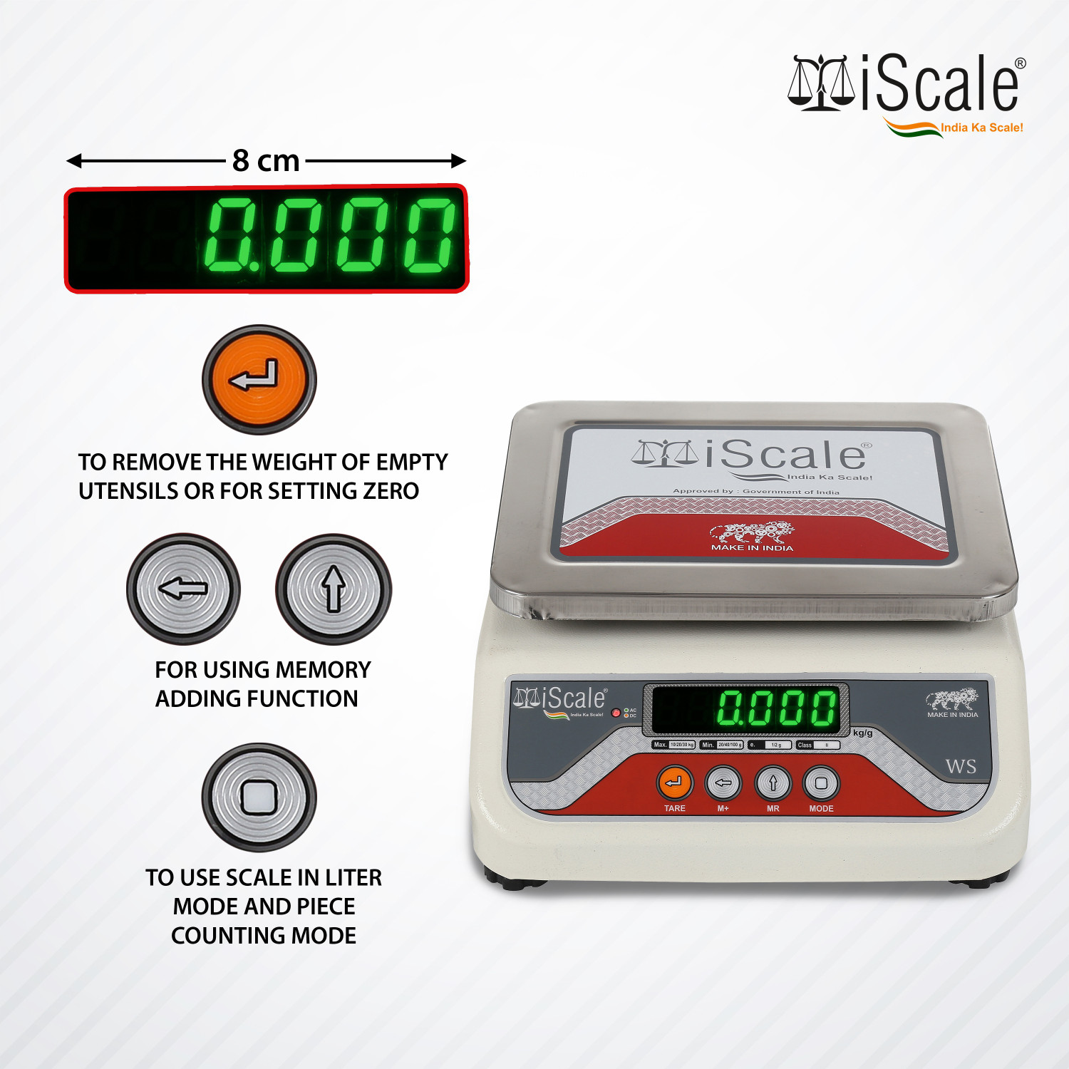 Image of iScale i-04 weighting capacity 20kg x 1 g accuracy, Electronic Weighing Scale with Front and Back Green double Display, Small Stainless steel pan size 7x9 inches for kirana shop and Grocery general stores and for all weight measuring purpose Weighing Scale