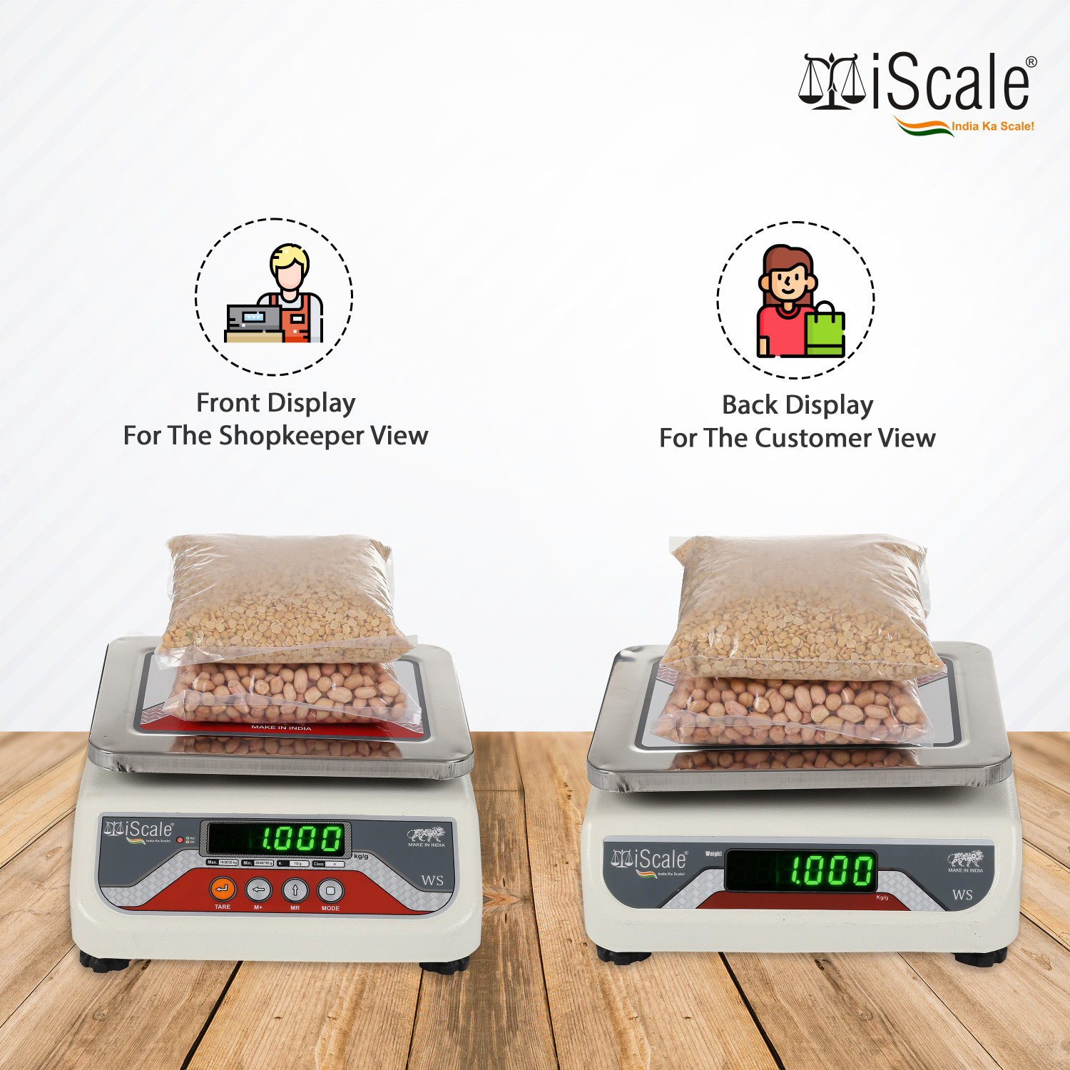 Image of iScale i-04 weighting capacity 20kg x 1 g accuracy, Electronic Weighing Scale with Front and Back Green double Display, Small Stainless steel pan size 7x9 inches for kirana shop and Grocery general stores and for all weight measuring purpose Weighing Scale