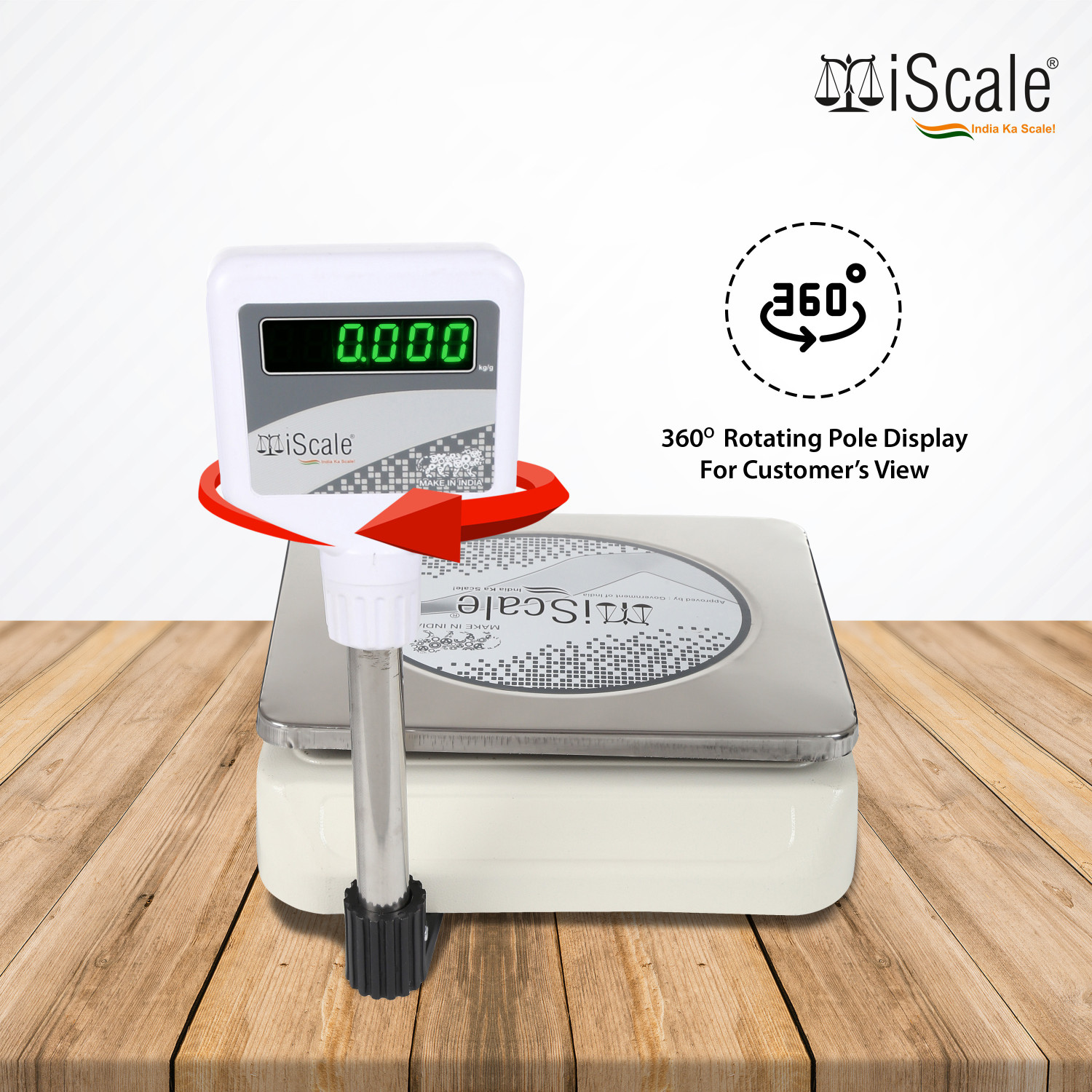 Image of iScale i-05 Weighting Capacity 30kg x 1g Accuracy, Premium Electronic Chargeable Weighing Scale with Pole Green Display, Stainless Steel Pan, 10x12 inch for Kirana Shop and all other stores and Industries Weighing Scale
