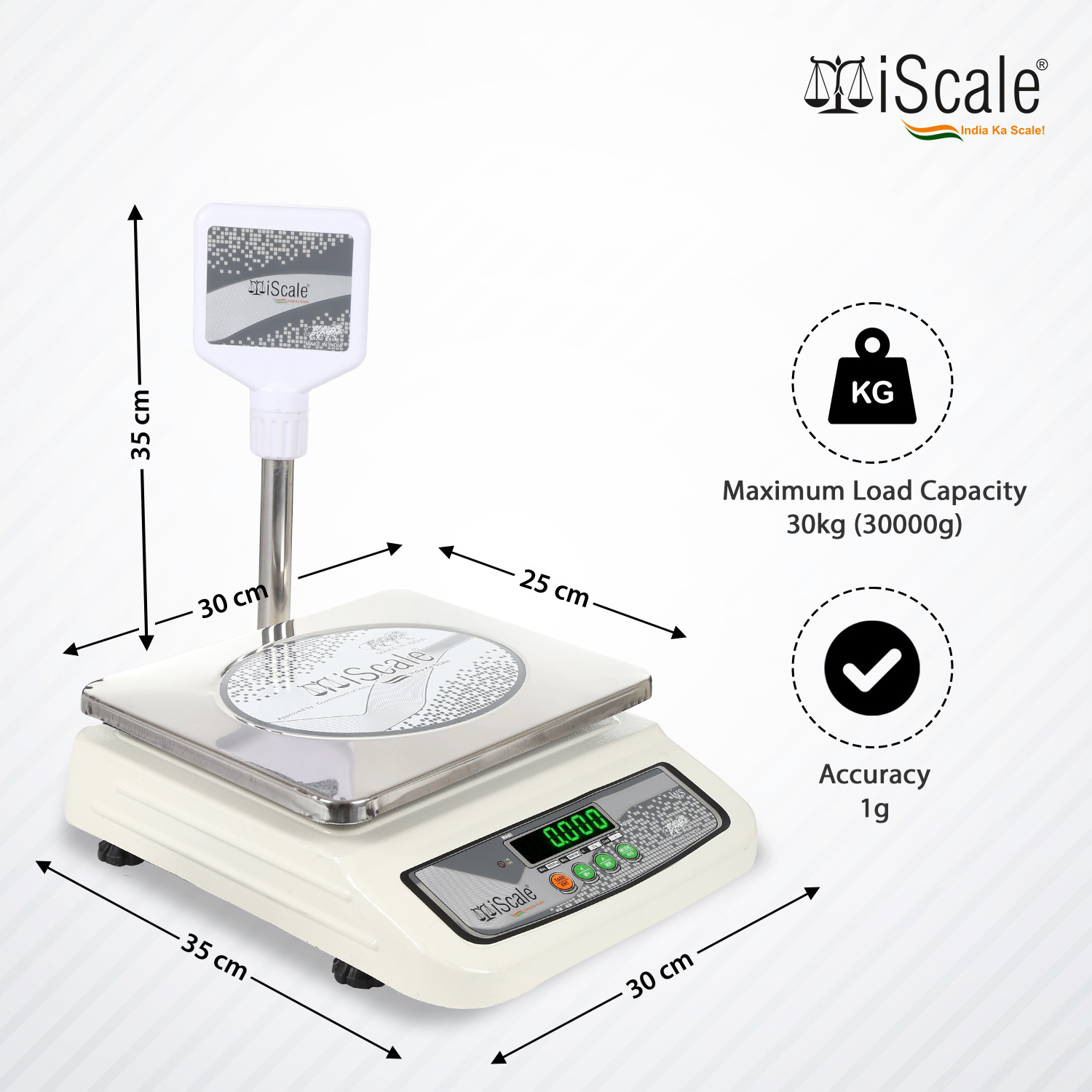 Image of iScale i-05 Weighting Capacity 30kg x 1g Accuracy, Premium Electronic Chargeable Weighing Scale with Pole Green Display, Stainless Steel Pan, 10x12 inch for Kirana Shop and all other stores and Industries Weighing Scale
