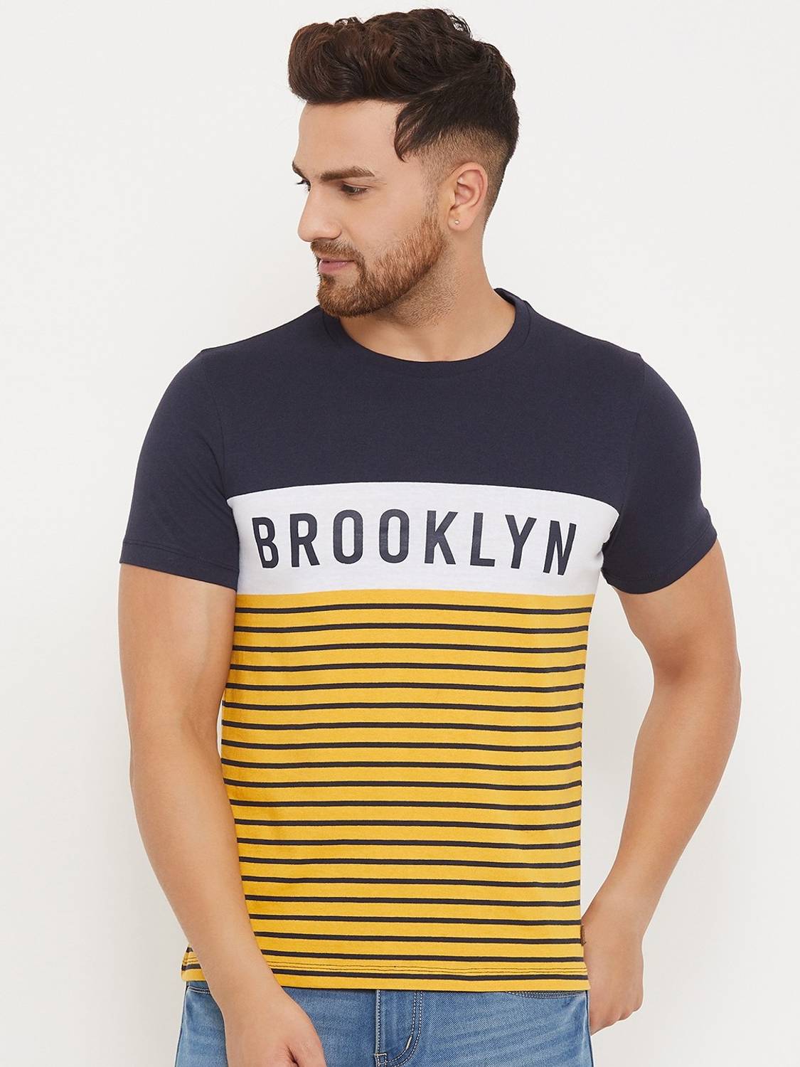 Austin Wood Striped Men Round Neck Yellow T-Shirt