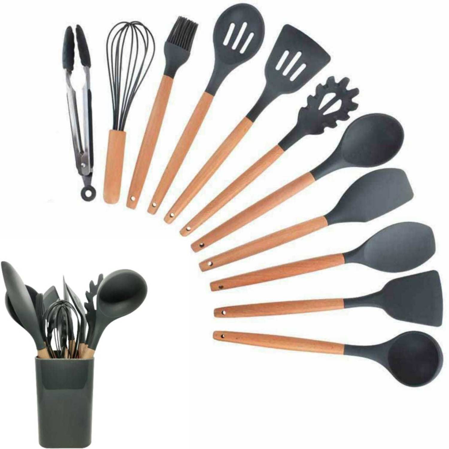 SYGA Silicone Kitchen Spoon Utensil Set, 11 Piece (Grey) Kitchen Tool Set — Kitchen Tools & Gadgets