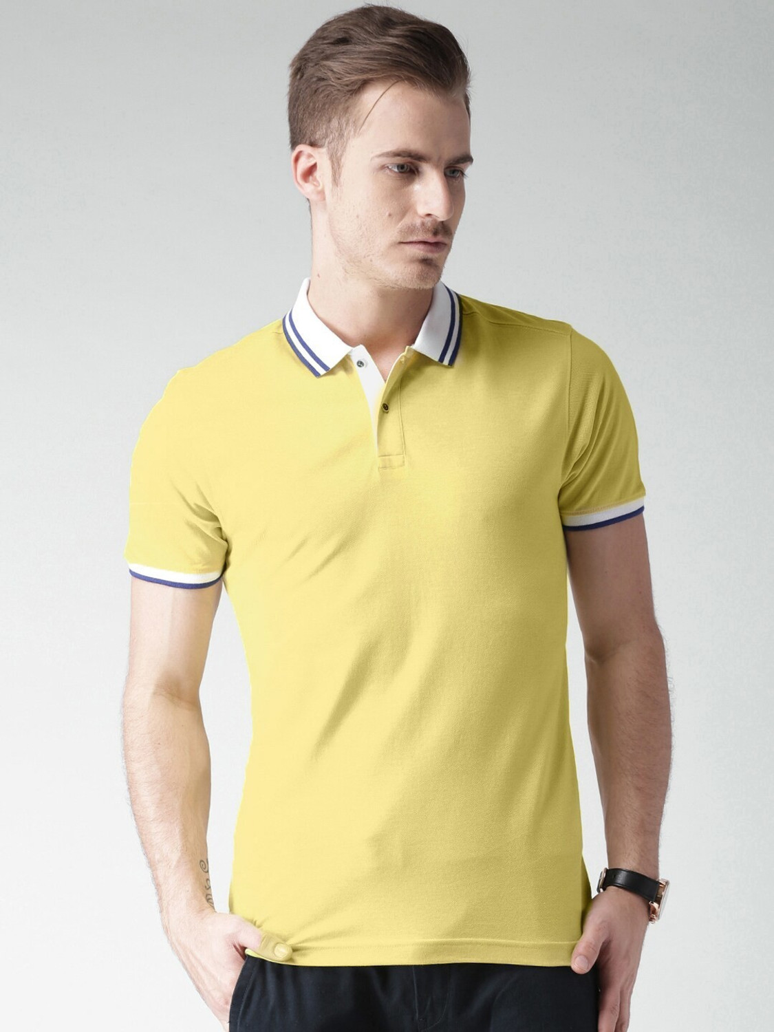 Image of INVICTUS Solid Men Polo Neck Yellow T-Shirt