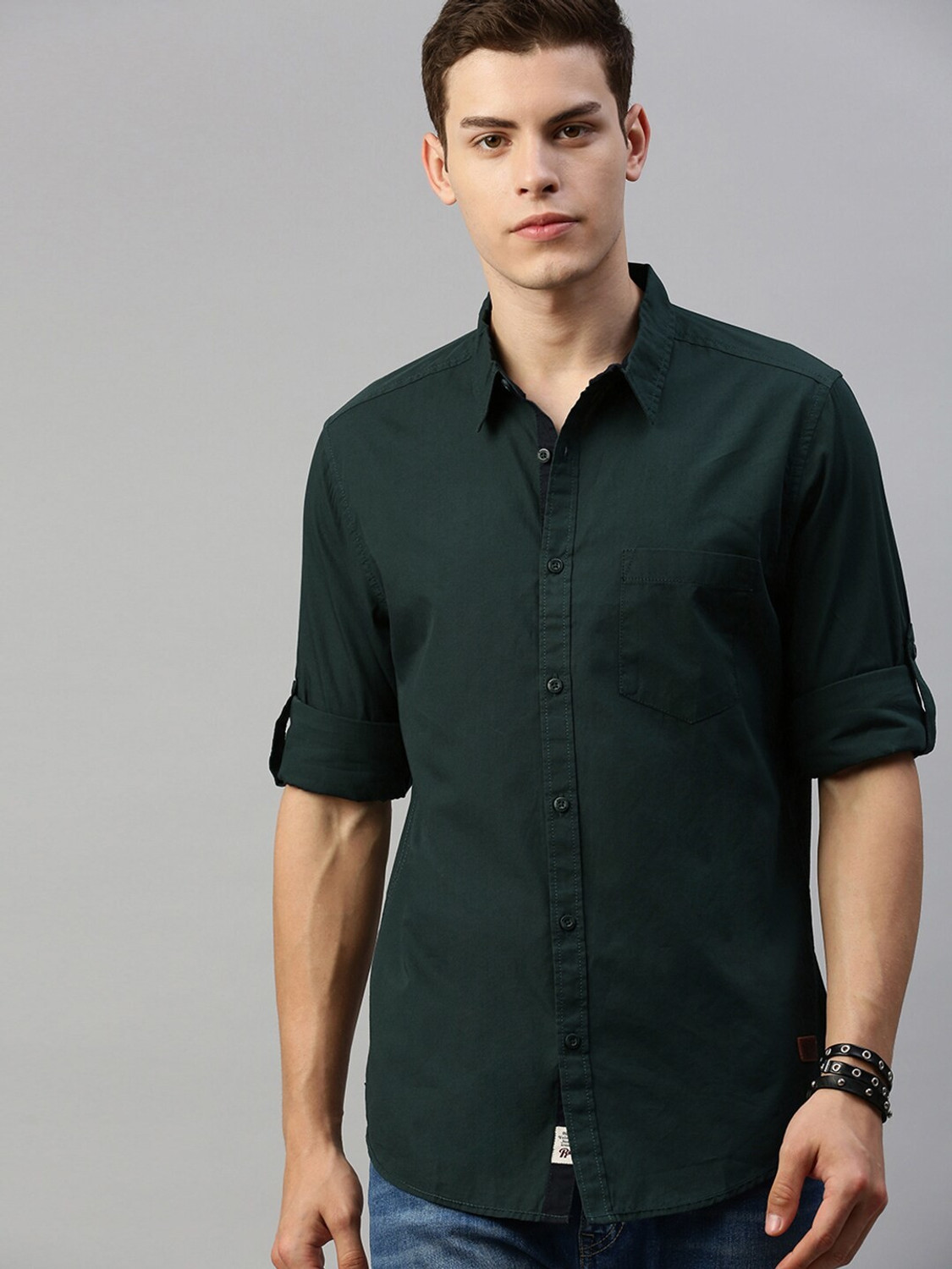 Image of Roadster Men Solid Casual Green Shirt