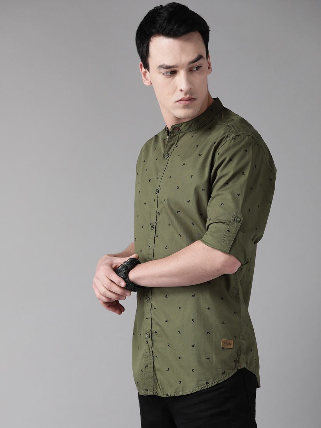 Image of Roadster Men Printed Casual Dark Green Shirt