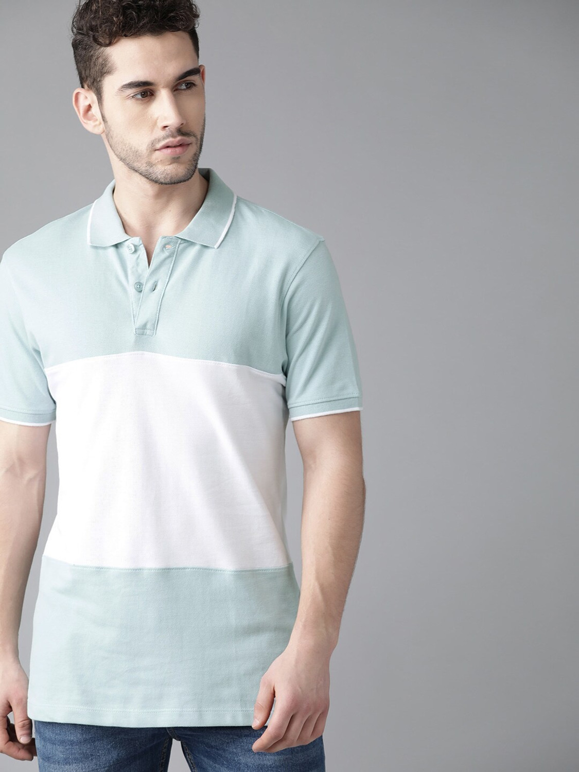 Image of Roadster Colorblock Men Polo Neck Blue T-Shirt