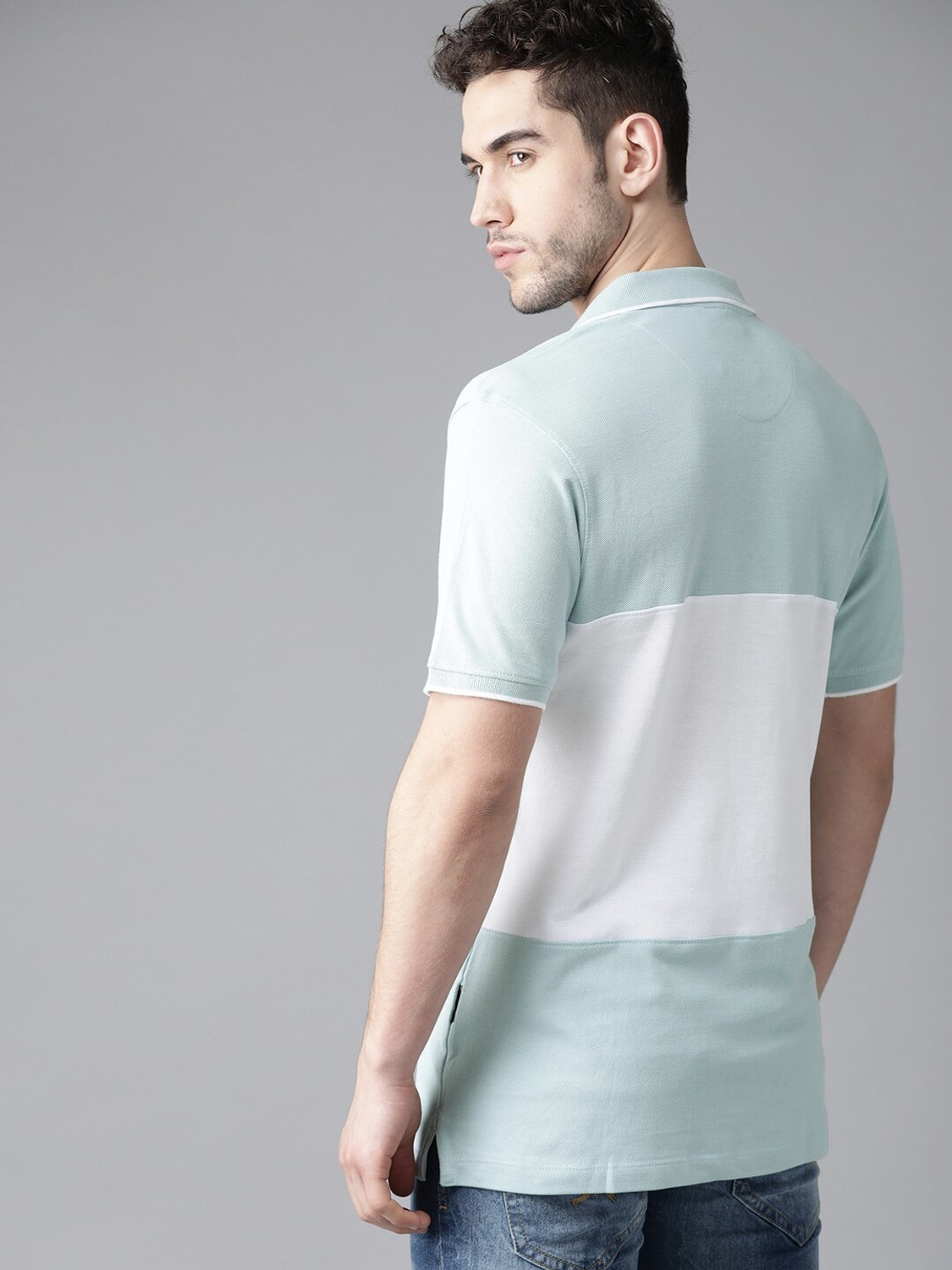 Image of Roadster Colorblock Men Polo Neck Blue T-Shirt