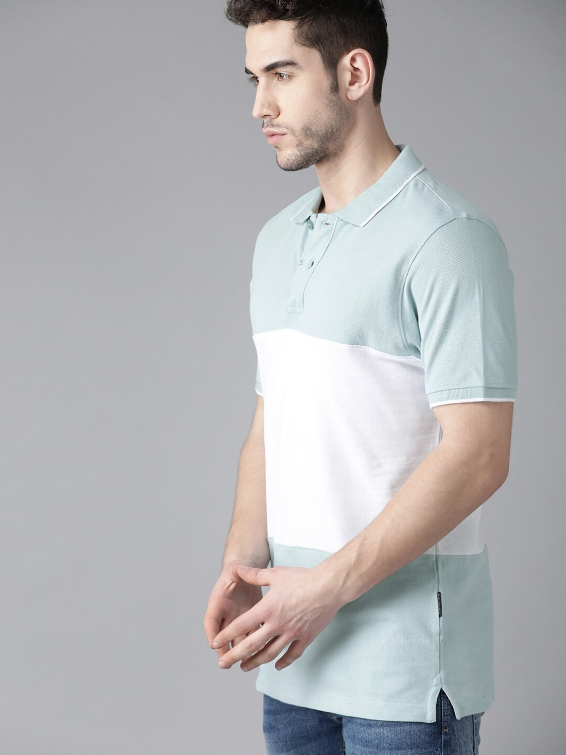 Image of Roadster Colorblock Men Polo Neck Blue T-Shirt