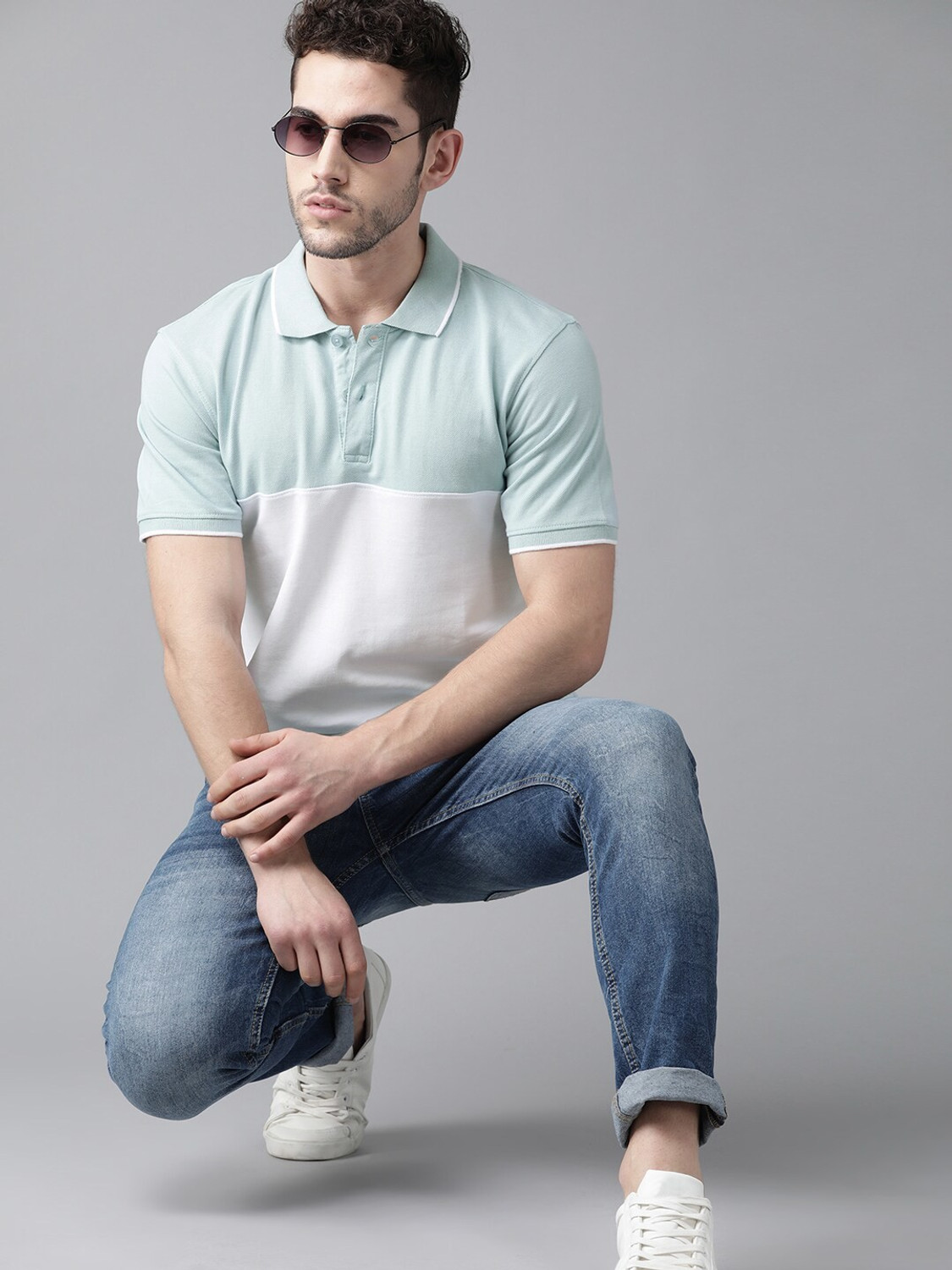 Image of Roadster Colorblock Men Polo Neck Blue T-Shirt