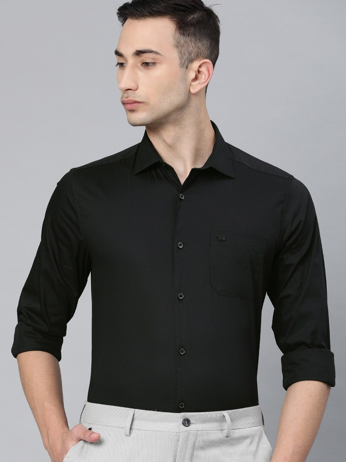 Image of THE BEAR HOUSE Men Solid Casual Black Shirt