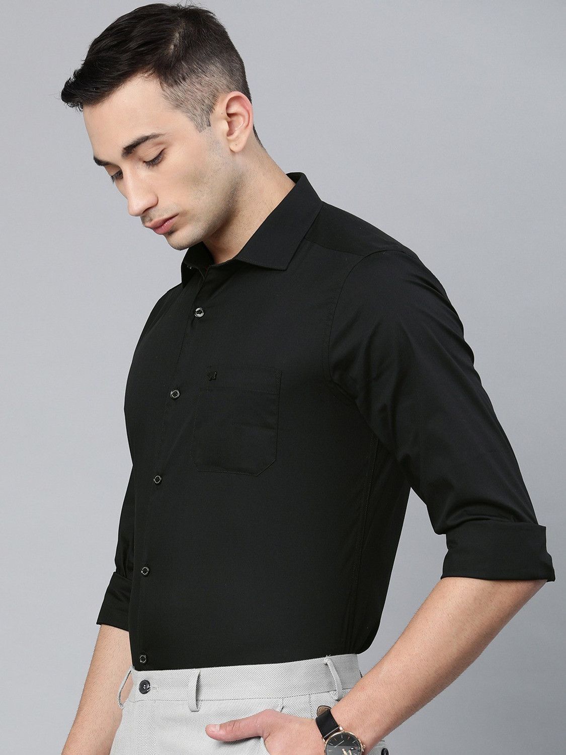 Image of THE BEAR HOUSE Men Solid Casual Black Shirt
