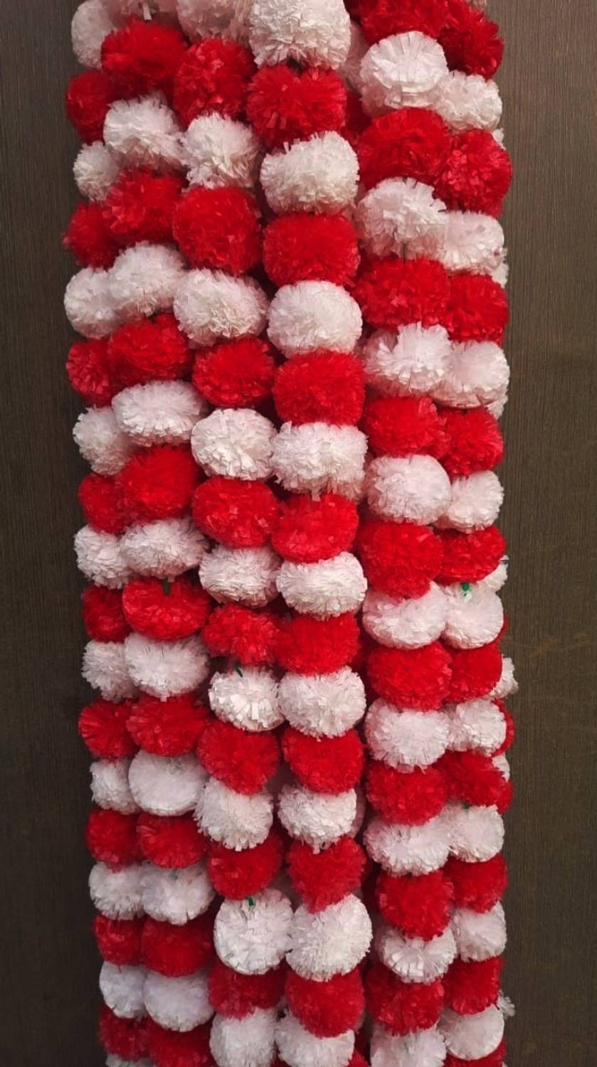Amroha Crafts Red-White Artificial Marigold Garland Mala - Pack of 5 White, Red Marigold Artificial Flower