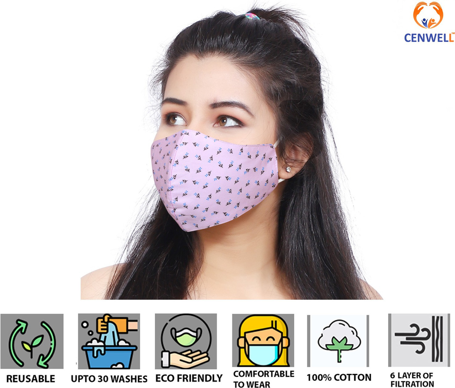 Image of CENWELL WOMEN PINK 100% Cotton Protective Fashionable Fabric N95 Cotton Face Mask Women with Adjustable Earloop ,Adjustable Strap & Free Hand Sanitizer, Anti-pollution, Anti-virus and Anti-bacterial Fabric N95 PINK MASK Water Resistant, Reusable, Washable Cloth Mask With Melt Blown Fabric Layer