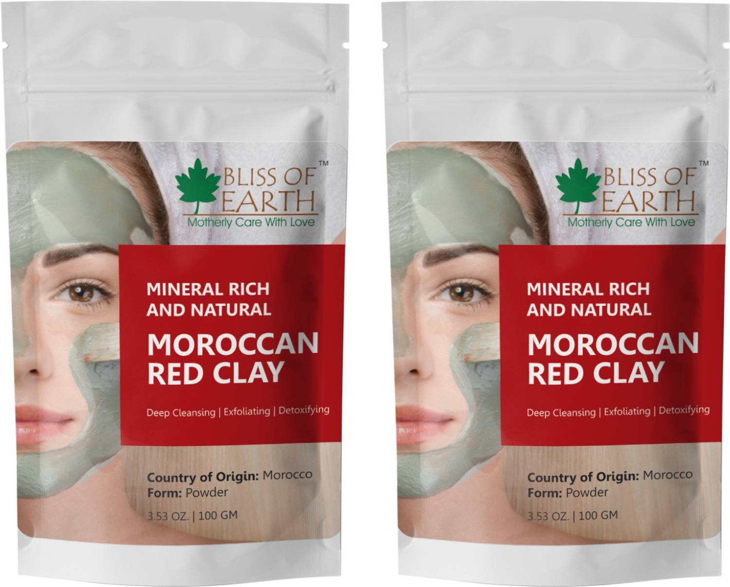 Bliss of Earth 100% Original Moroccan Red Clay Powder | 2x100GM | Natural Facial Mask & Skin Care Treatment | Anti-Ageing | Heals Dry & Oily Skin | Detoxifying & Rejuvenating |