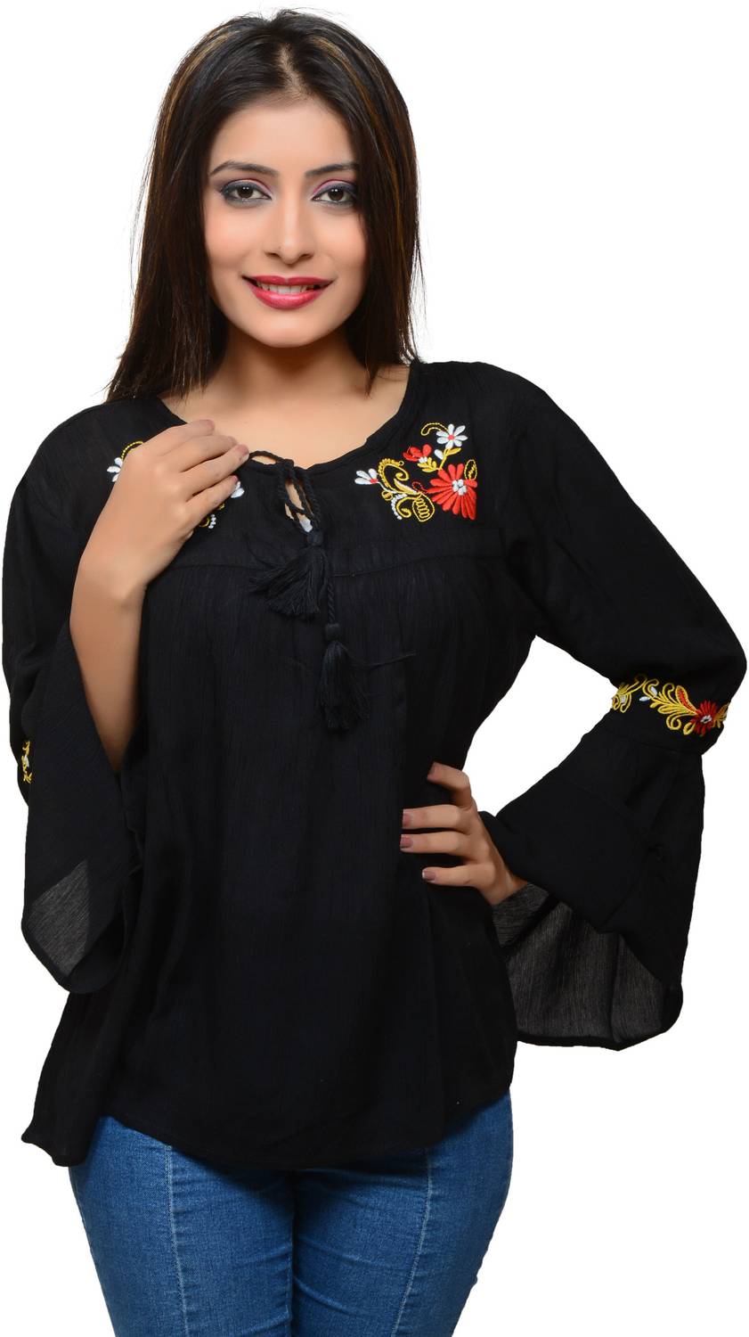 3BUTTERFLIES Casual Full Sleeve Embroidered Women Black Top