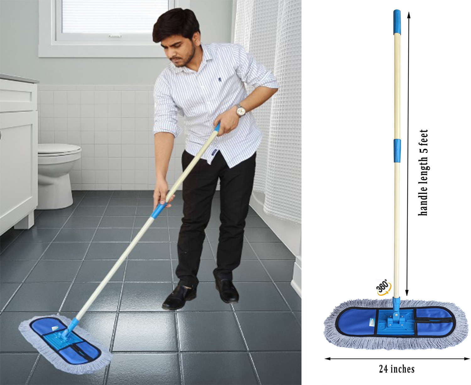 Image of Livronic Wet and Dry Cotton Floor Mop with 5 Feet Long Handle (Head 24-Inch Large) Blue Colour (Set of 1) Wet & Dry Mop