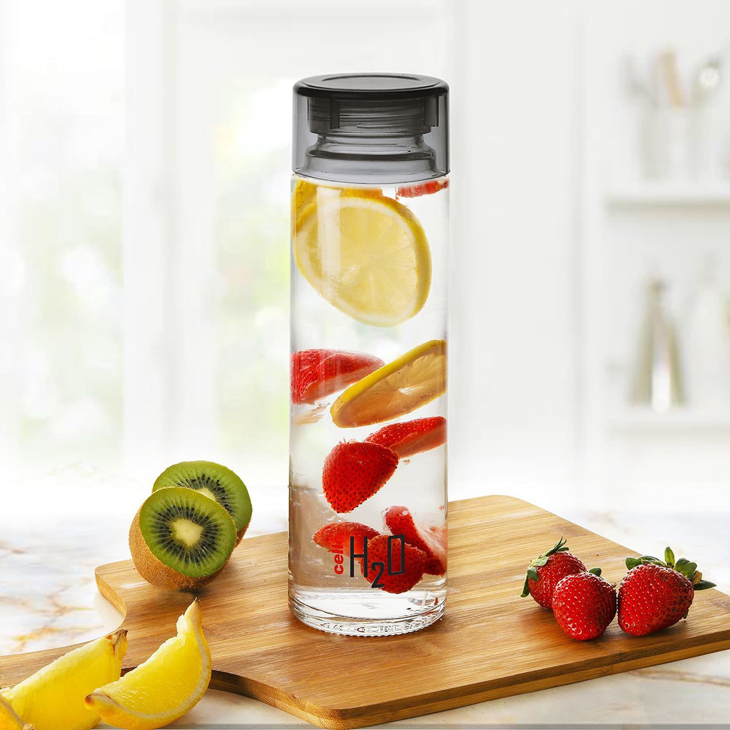 Image of cello H2O 1000 Glass Fridge Water Bottle with Plastic Cap, Set of 6, 920ml, Black 920 ml Glass Bottle