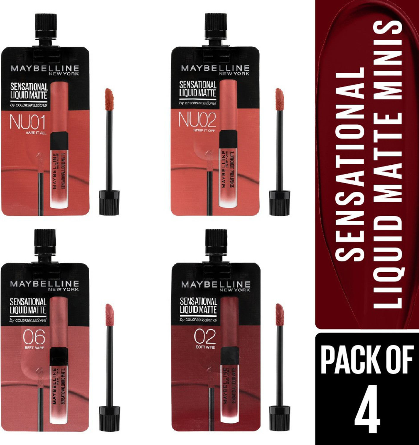 Image of MAYBELLINE NEW YORK Sensational Liquid Matte Minis 4 shades - Soft Wine, Best Babe, Bare It All, Strip It Off (Pack of 4)