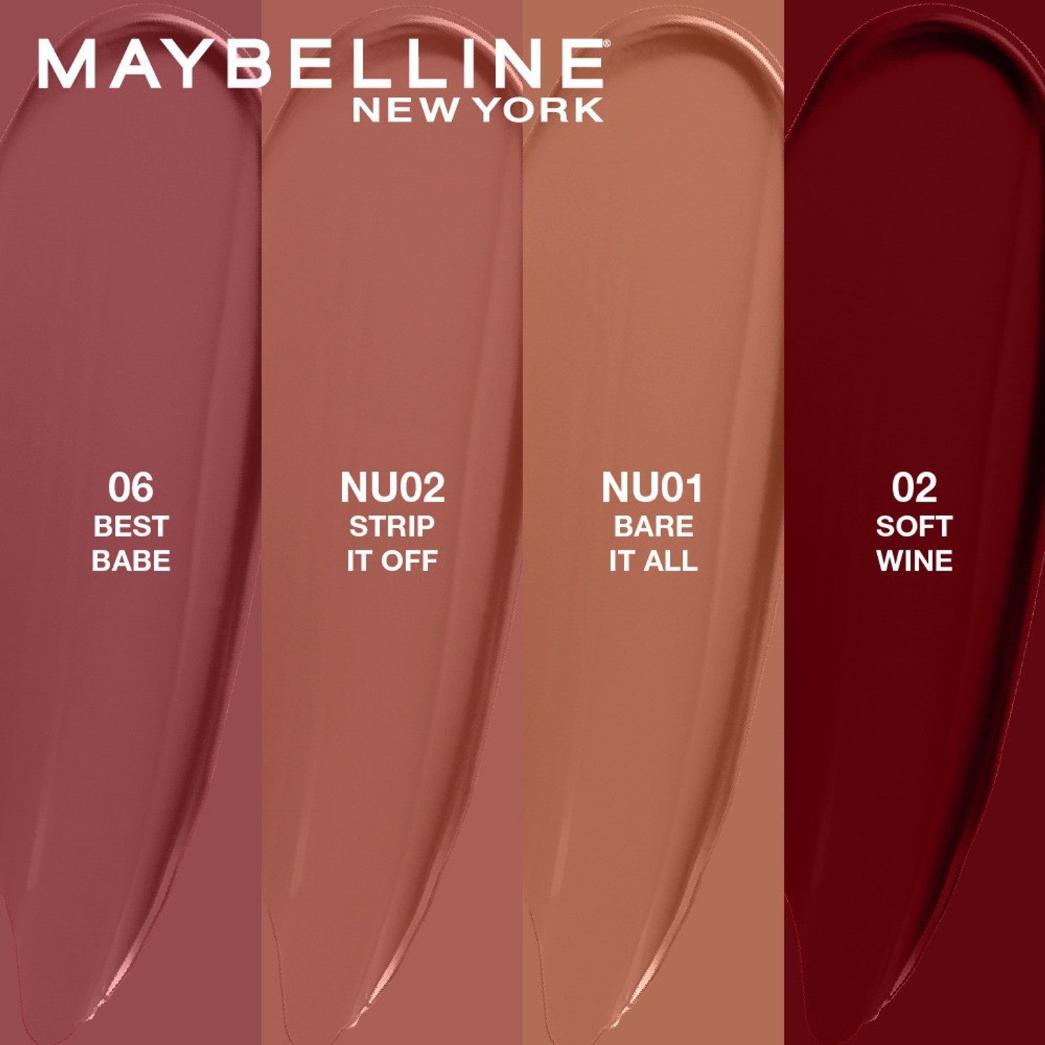 Image of MAYBELLINE NEW YORK Sensational Liquid Matte Minis 4 shades - Soft Wine, Best Babe, Bare It All, Strip It Off (Pack of 4)