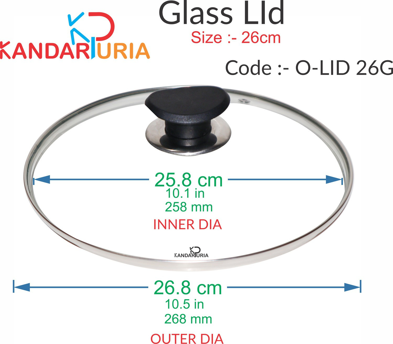 Image of KANDARPURIA 26 cm Long Lasting Glass Lid, Glass Lid for Kadai 10.2 inch Lid, Pack of 1