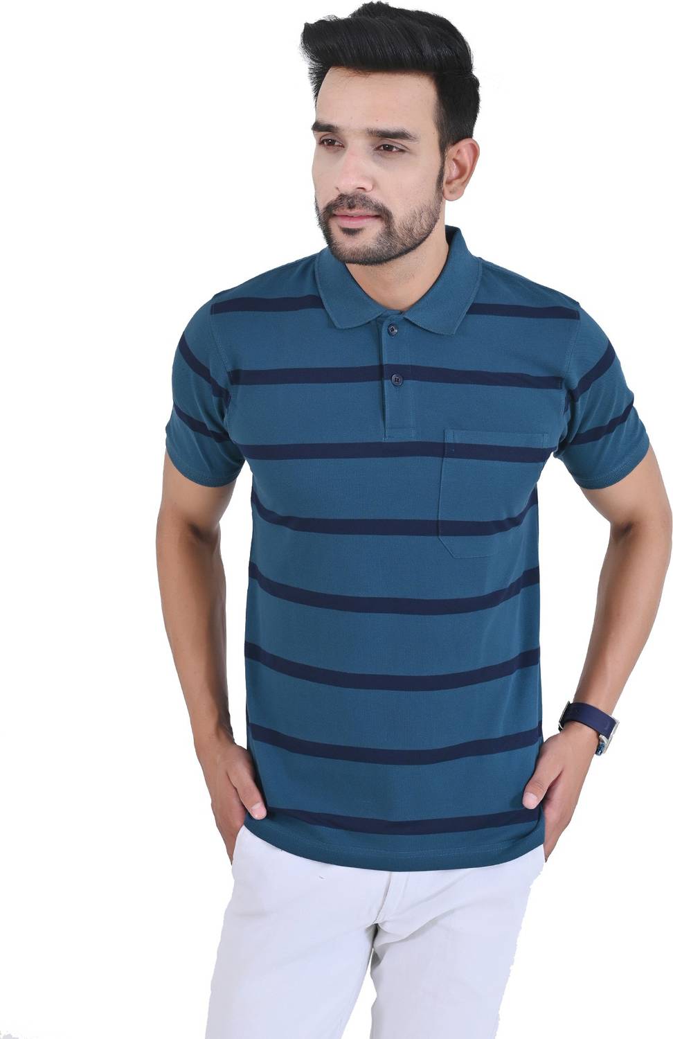 Arbour Men Striped Polo Neck Cotton Blend Dark Blue, Blue T-Shirt